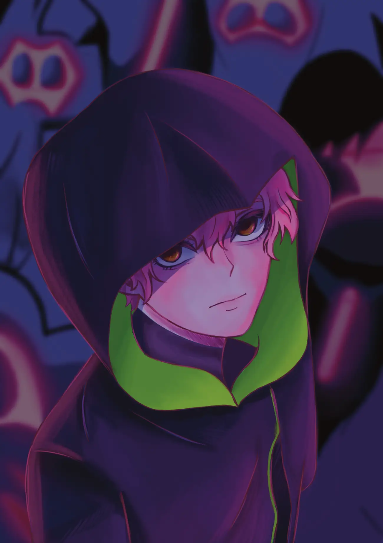 Digital illustration of pink-haired Mizi wearing a black and green hood against a dark background - by Tiffany Springett.
