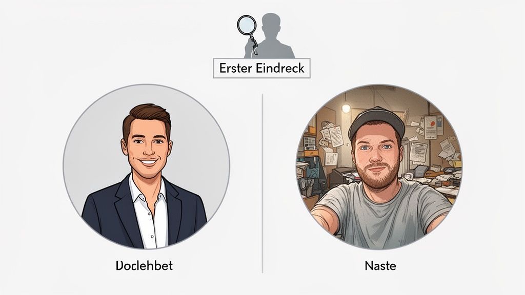 Zwei Profilbilder zum Vergleich: Ein Mann im Anzug und ein Mann mit Mütze in unordentlichem Büro.