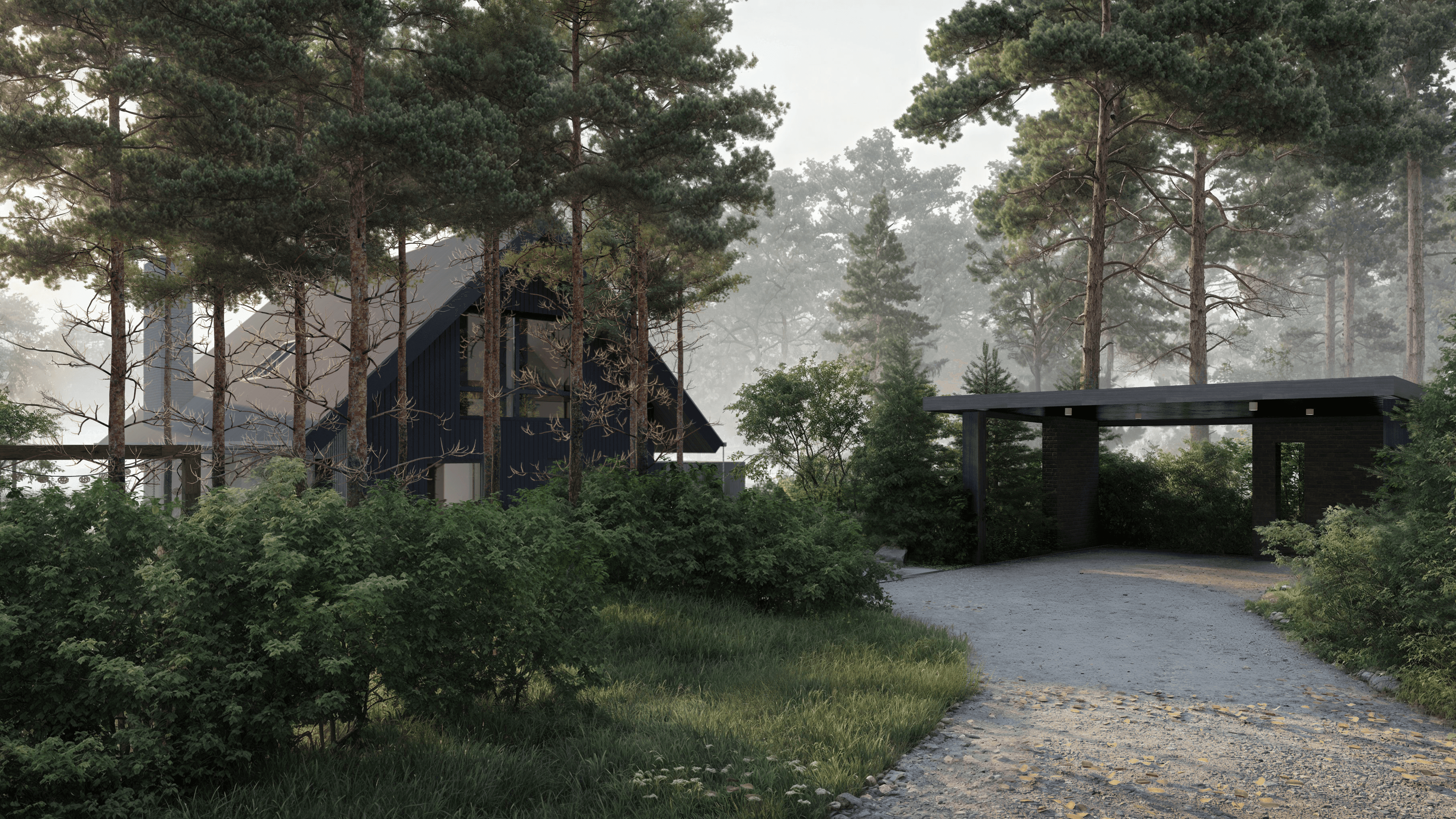 A wooden structure in a forest with trees and bushes around.