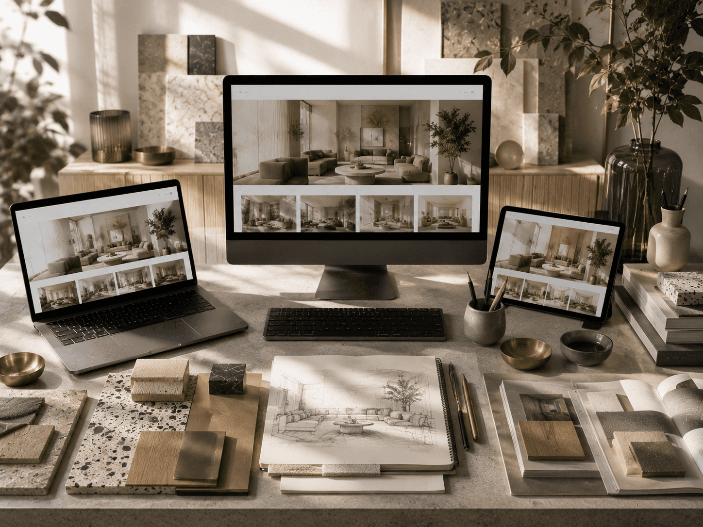 Interior design studio workspace displaying a luxury living room portfolio across desktop, laptop, and tablet, accompanied by material boards, finish samples, furniture sketches, fabric swatches, and design books in a warm, naturally lit contemporary studio.