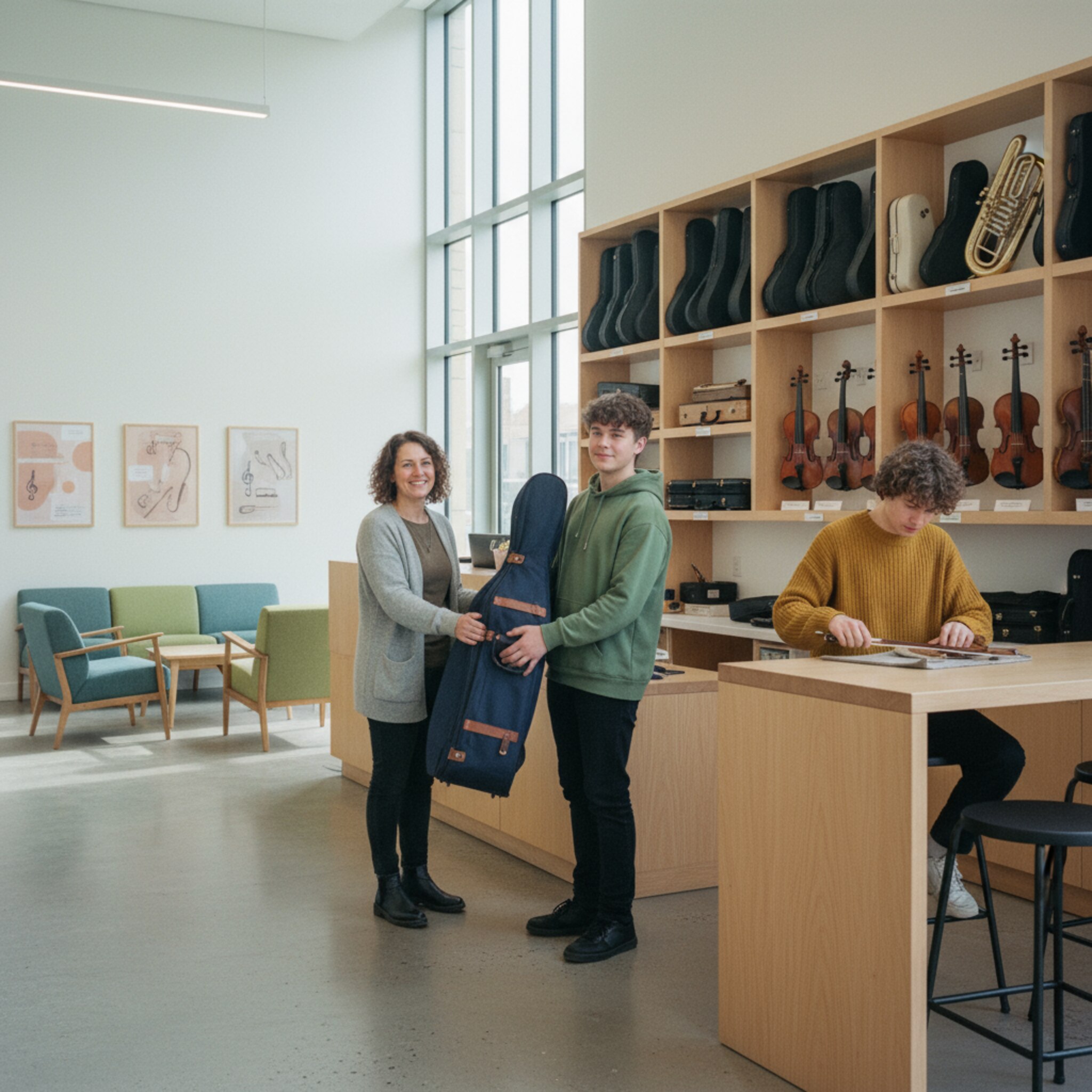Im Foyer einer Musikschule reicht ein Mitarbeiter einem Teenager ein Cello im gepolsterten Etui. Regale mit sauber sortierten Instrumenten bilden den Hintergrund. Ein kurzer Händedruck besiegelt die Ausleihe, nebenan bereitet eine Schülerin ihren Geigenbogen. Der Raum wirkt aufgeräumt, freundlich und vertraut.