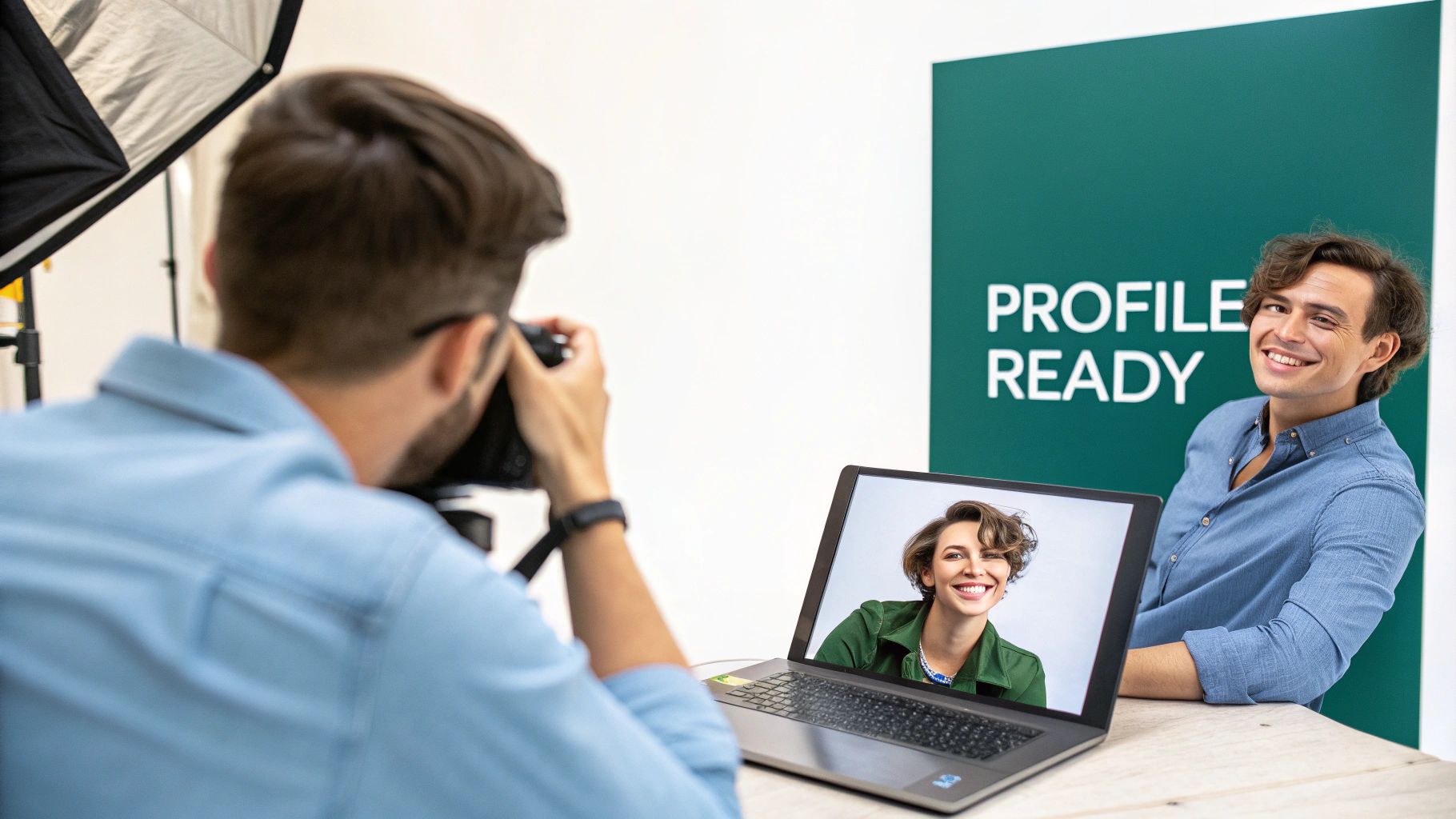 A photographer taking a portrait of a smiling man, with a woman's profile picture displayed on a laptop.