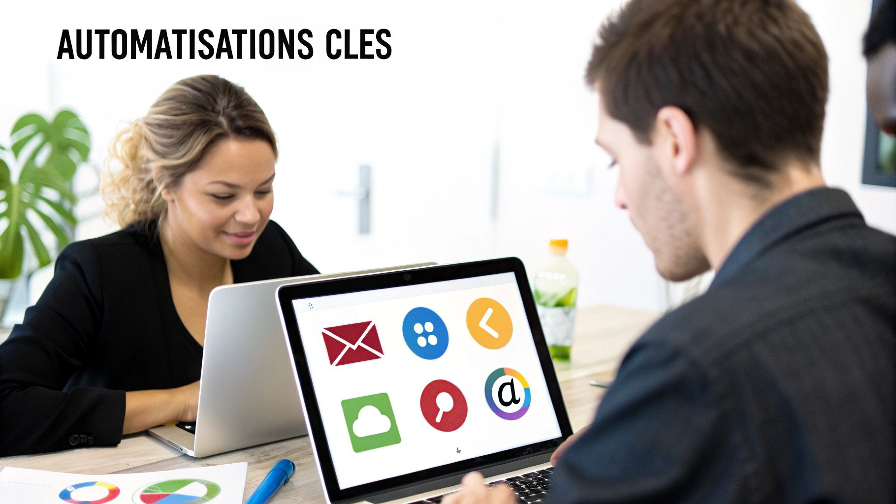 Deux professionnels discutant des automatisations clés et des outils d'intégration sur un ordinateur portable