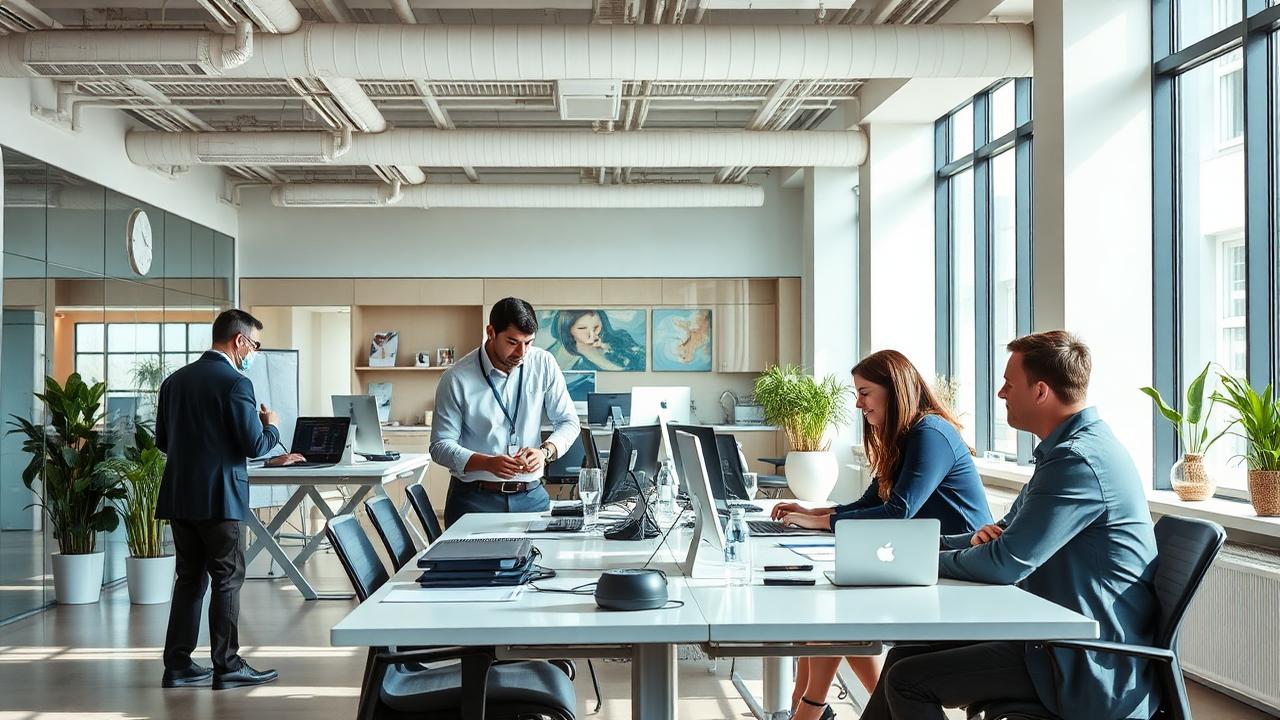A woman with red hair and a black sleeveless top smiling confidently in a bright, modern indoor setting.