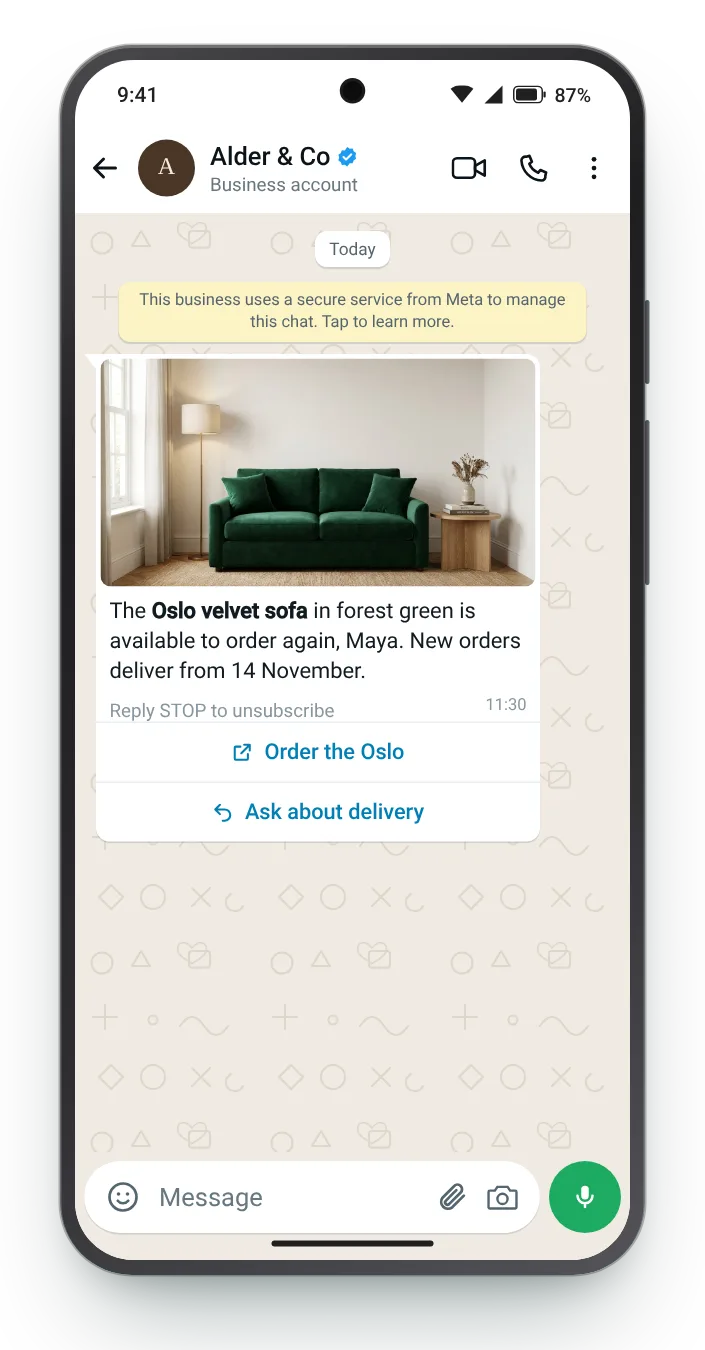 Open for orders, with a delivery date: WhatsApp restock alert on an Android phone
