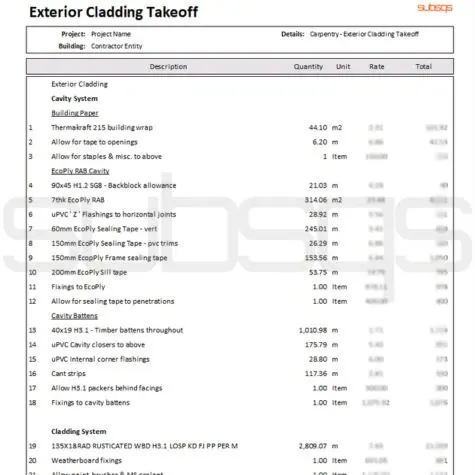 Carpentry cladding takeoff soq schedule in pdf format by SubsQS