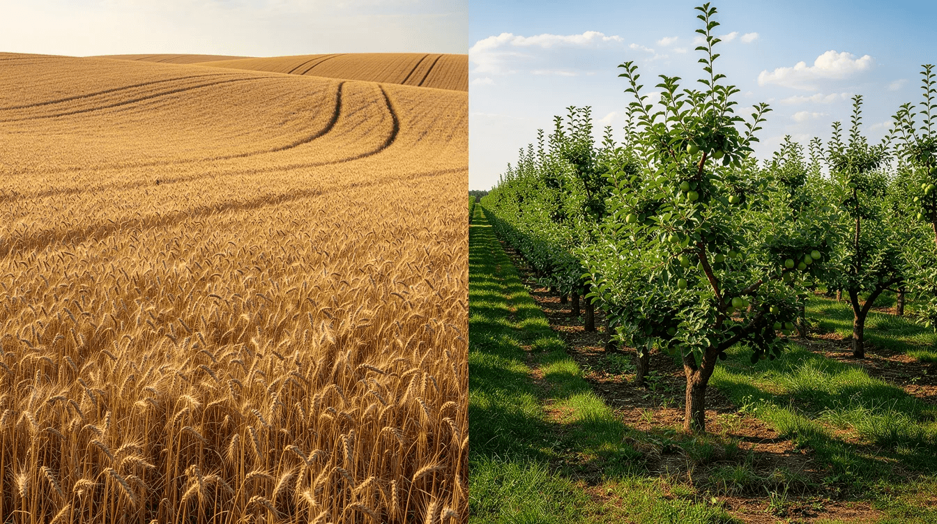 The image depicts a vibrant landscape split into two sections: on the left, a golden grain field symbolizes the potential of row crop investments, while on the right, an orderly orchard with lush green fruit trees represents permanent crops, highlighting different aspects of farmland investing and agricultural investment opportunities.