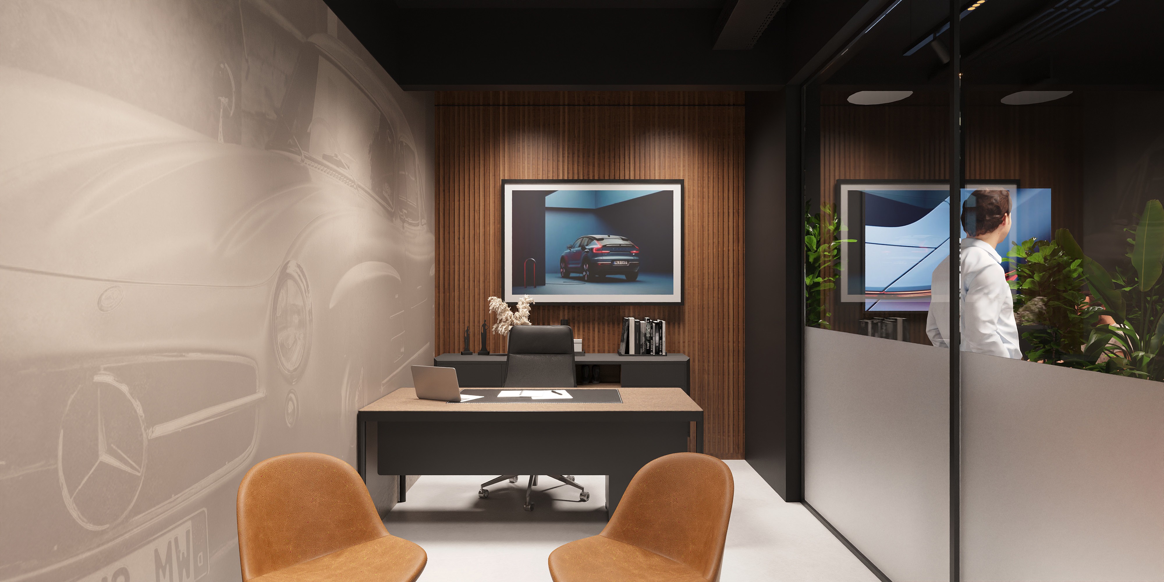 Main office meeting area of a garage retail design concept for Arenaz Automobiles et Services SA in Crissier Switzerland
