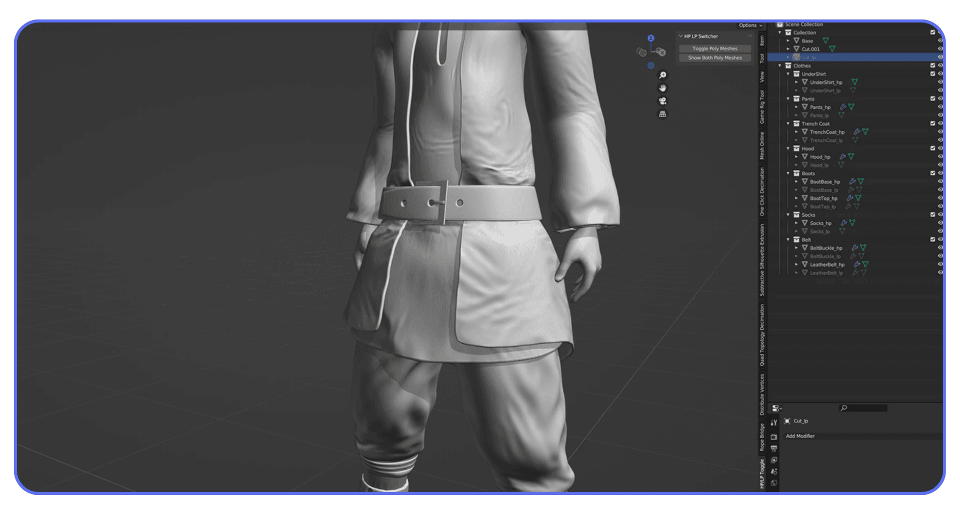 Blender viewport showing high-poly character mesh used for geometry optimization