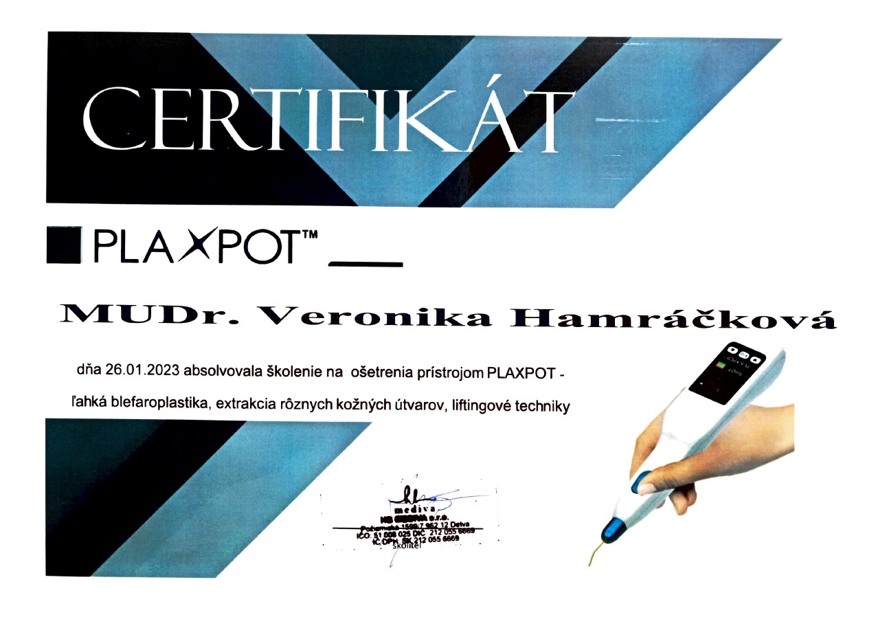 Certifikát pre MUDr. Veroniku Hamráčkovú Kokavcovú o školení práce s prístrojom PLAXPOT na ľahkú blefaroplastiku a lifting