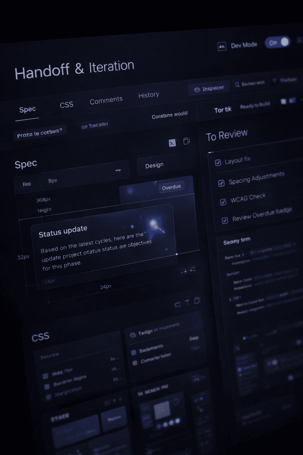 Design handoff screen in dev mode showing UI specs, spacing measurements, and a review checklist for layout, accessibility, and final fixes.