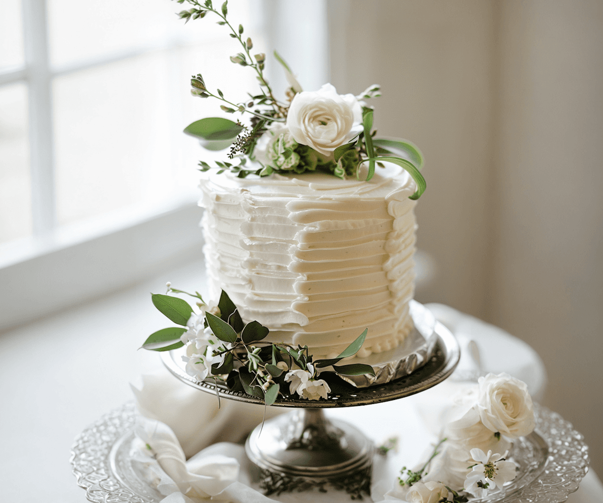 Small white frosted cake decorated with fresh flowers on a stand in soft natural light