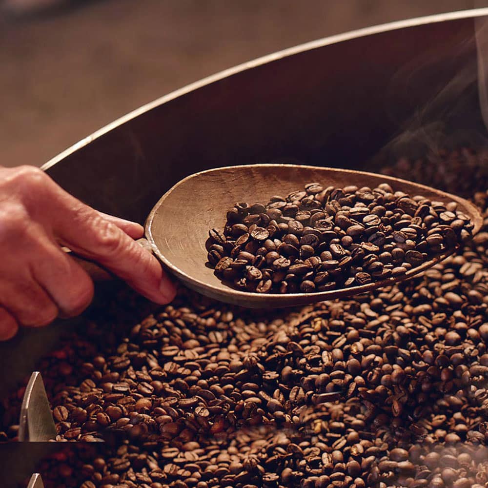 Bild von Kaffeebohnen, die von einer Person geschöpft werden