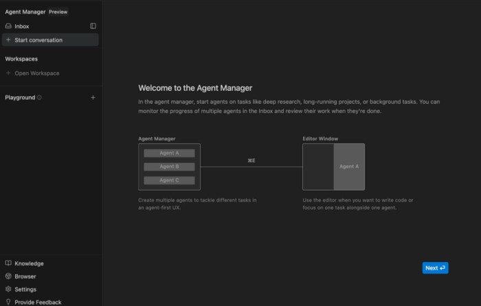 Pantalla del Agent Manager de Antigravity con un esquema de los agentes A, B y C conectados a la ventana del editor