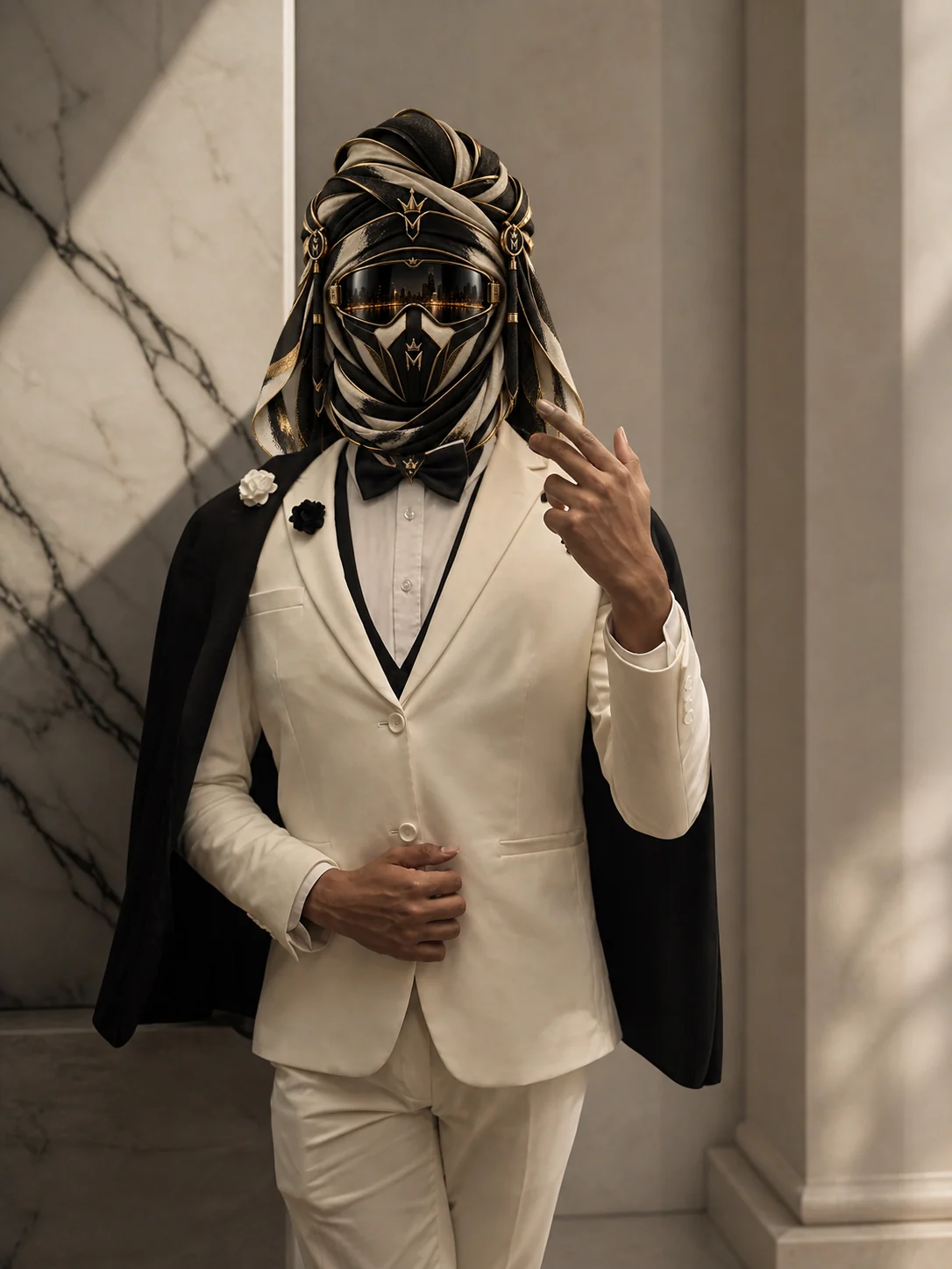 Full-length mirror view of Ivory at the Mirror, a tonal ivory formal suit with dark piping and dark shoes, with the official Marzelest face covering.