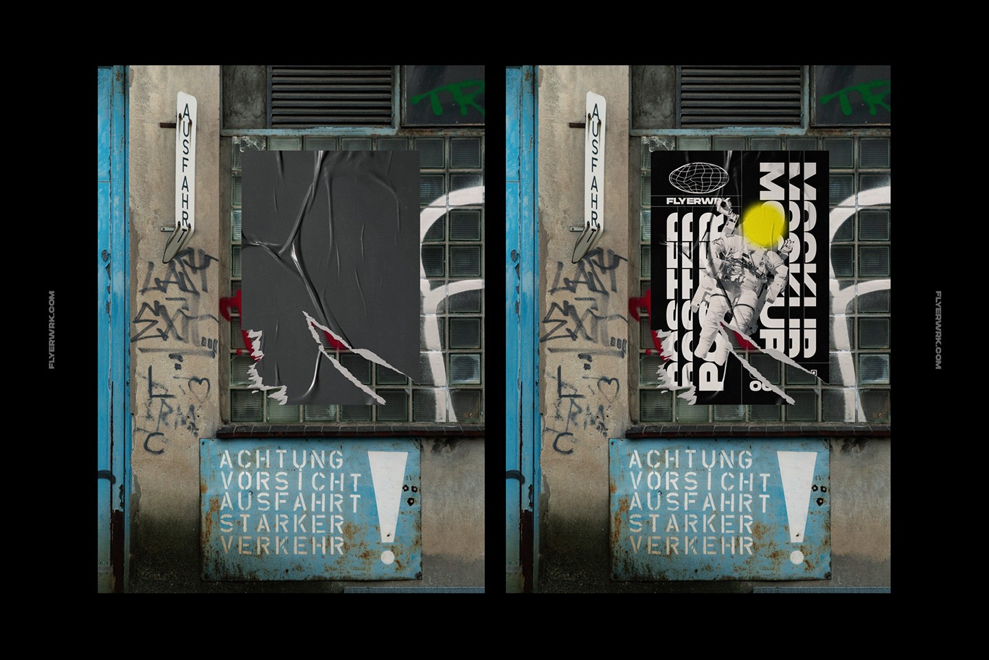 Urban poster wall mockup placed in subway station next to circular train window