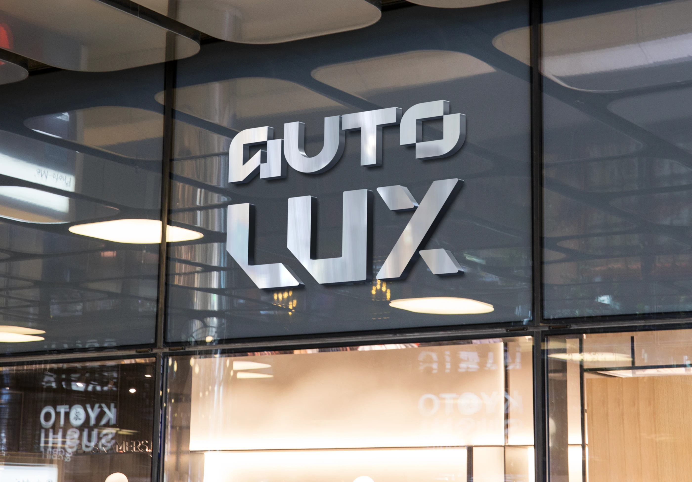 Conception de logo et enseigne 3D métallique pour AutoLux par Tartelette Concept. Identité visuelle haut de gamme pour le secteur automobile à Toulouse.