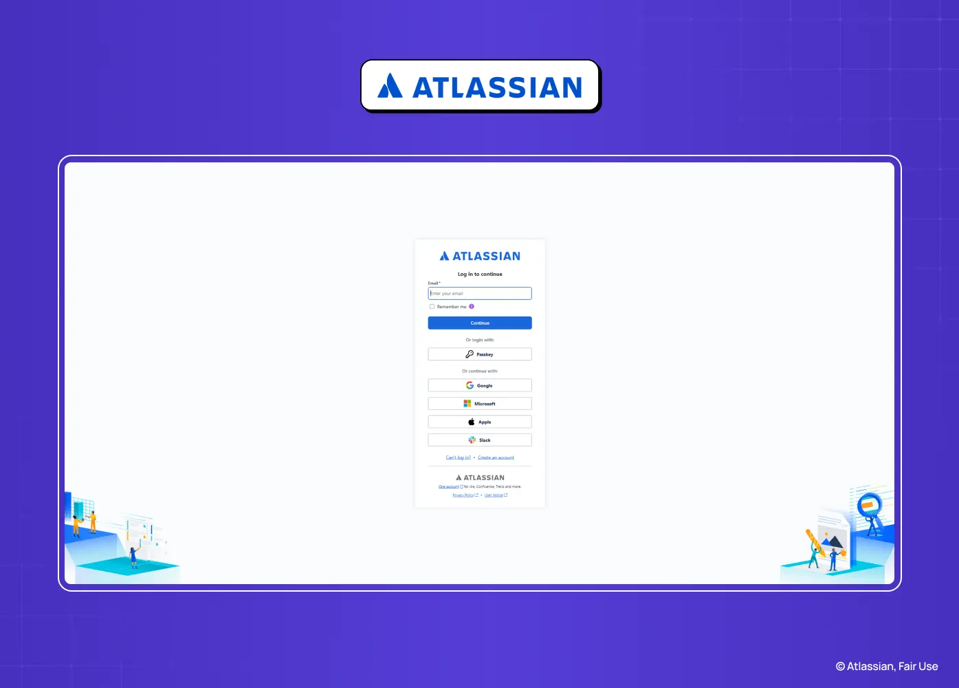 Atlassian login page supporting email, Google, Microsoft, Apple, and SSO authentication in a clean enterprise-focused layout.