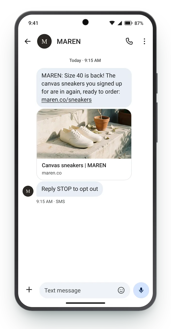 Size 40 has returned back in stock text on an Android phone
