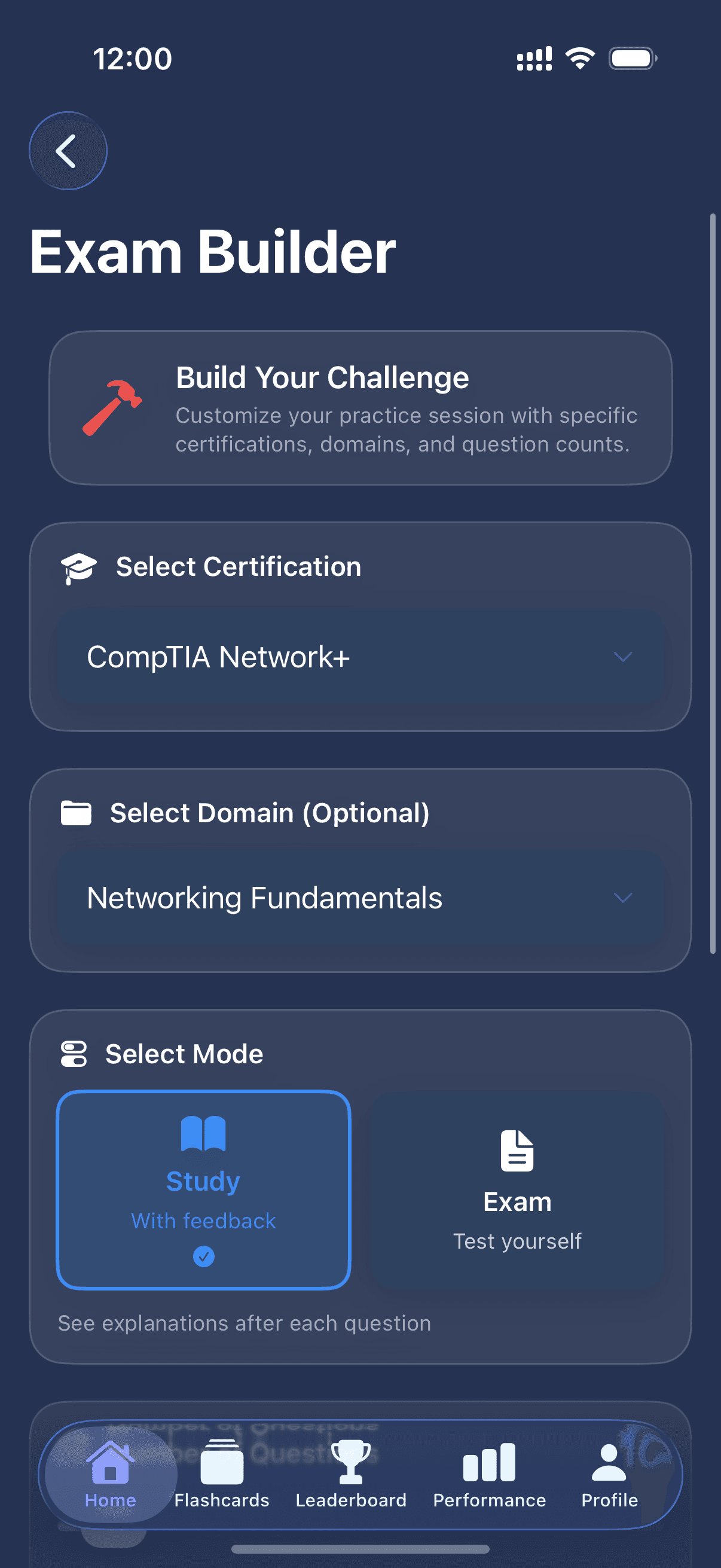 CyberExamPrep app showing self-challenge quiz setup for CompTIA A+, with customizable number of questions and timer settings for IT certification practice