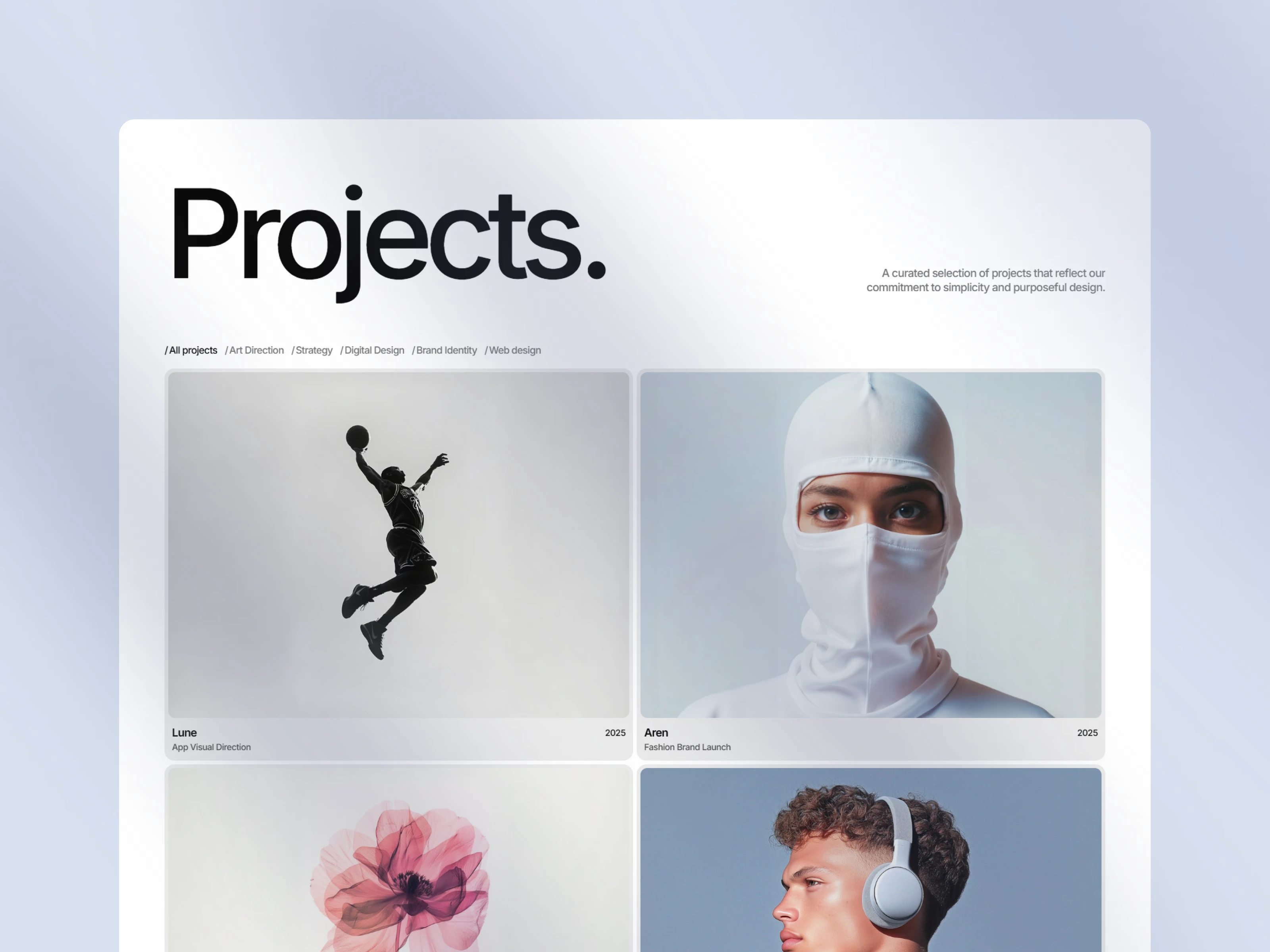 Projects page of Kanso template with filtered grid showcasing Lune and Aren creative design work