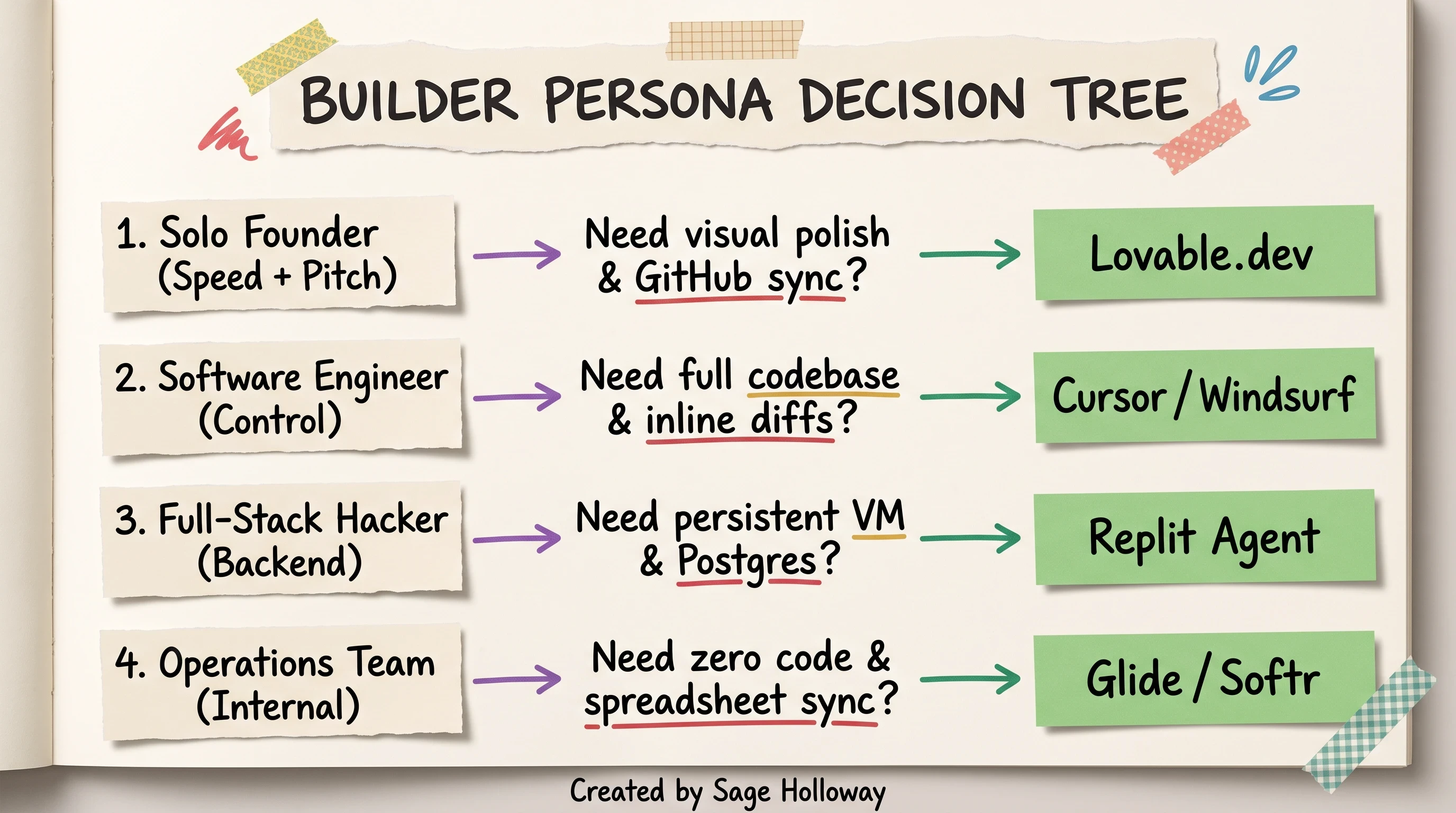Decision flowchart mapping builder roles and technical requirements to the right AI app builder