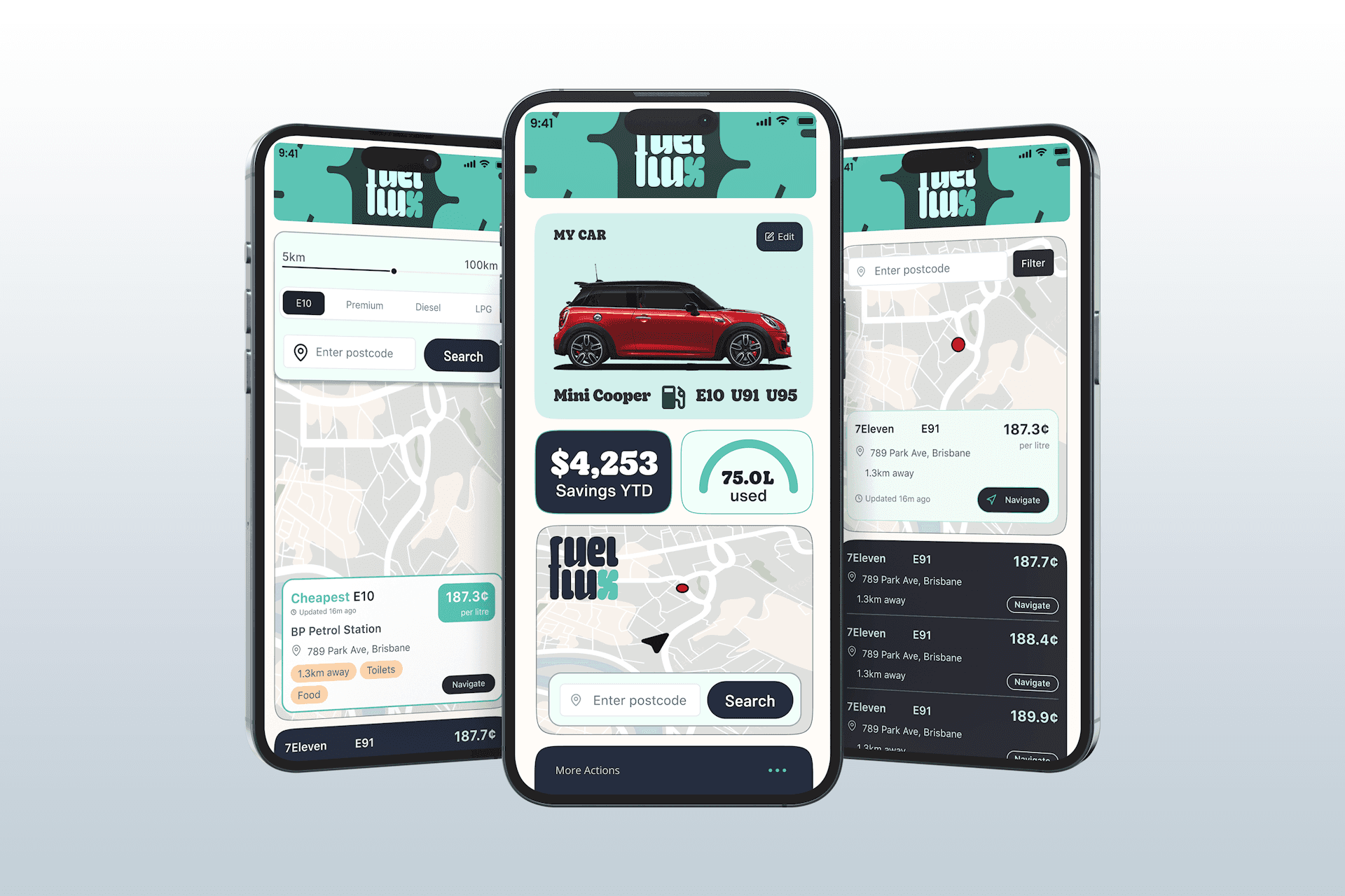 A mockup for Fuel Flux app on mobile screens