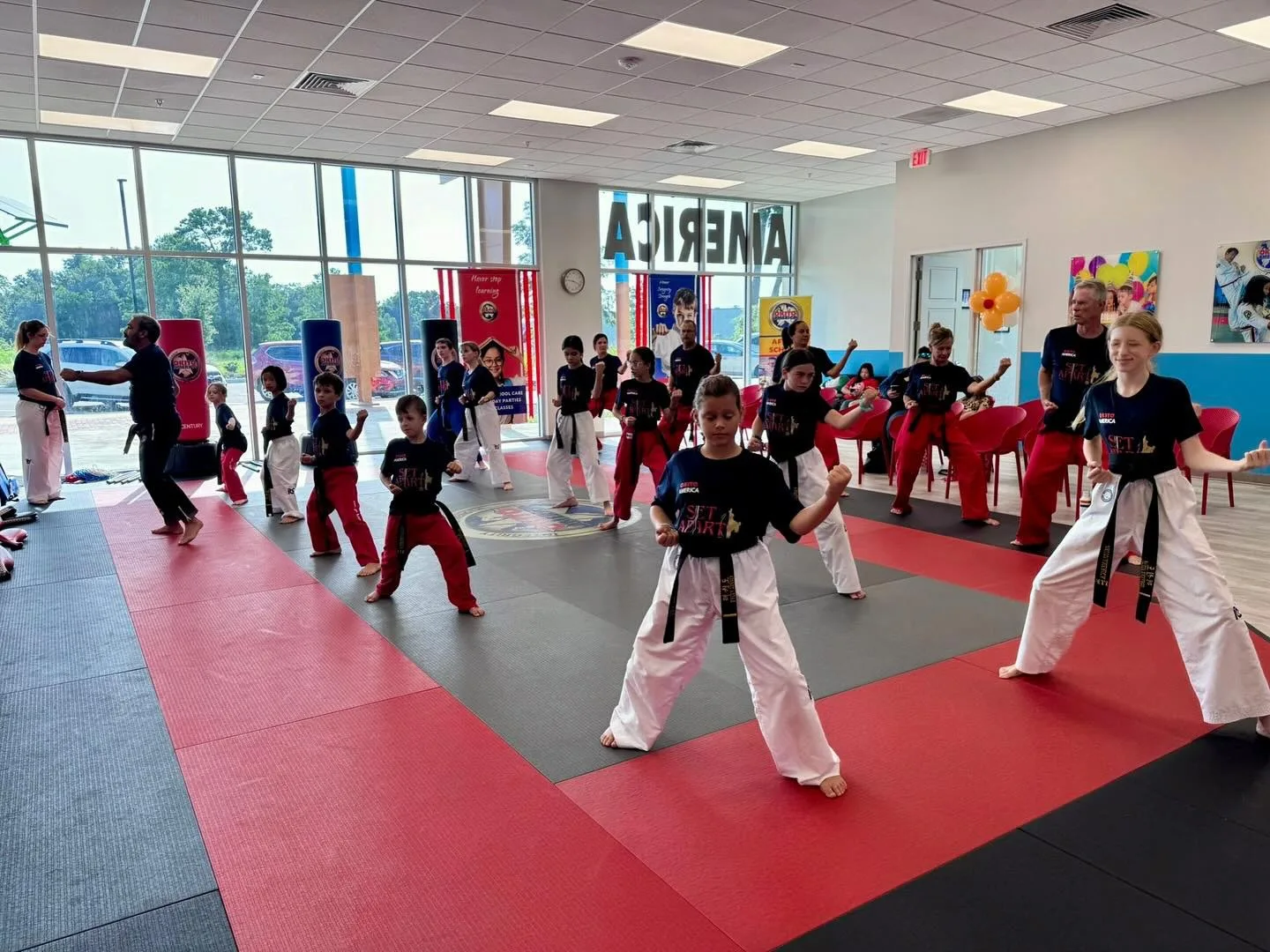Students standing in Taekwondo pose in a training event.