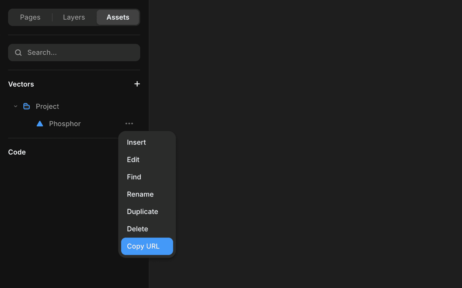 Screenshot of Framer Assets panel showing the vector set context menu with “Copy URL” highlighted.