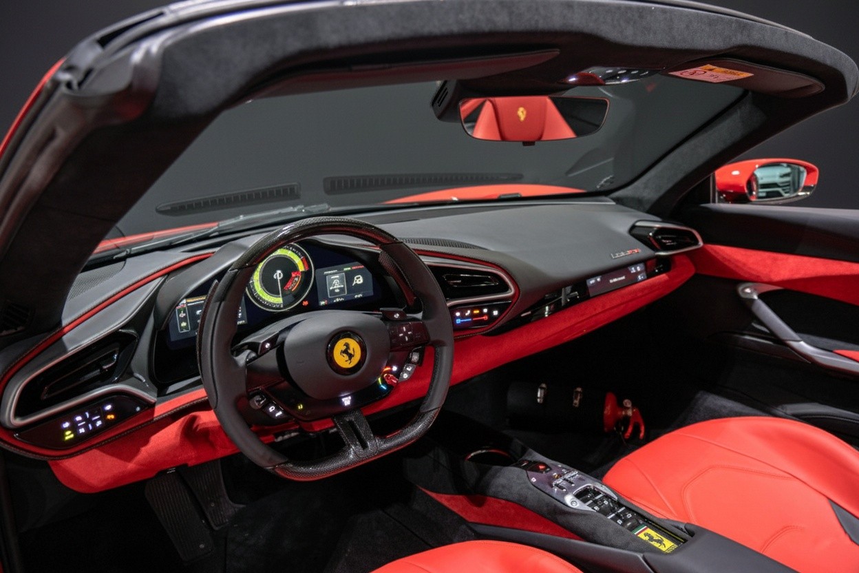Ferrari 296 GTS interior featuring digital cockpit, driver-focused dashboard, and premium Italian craftsmanship.