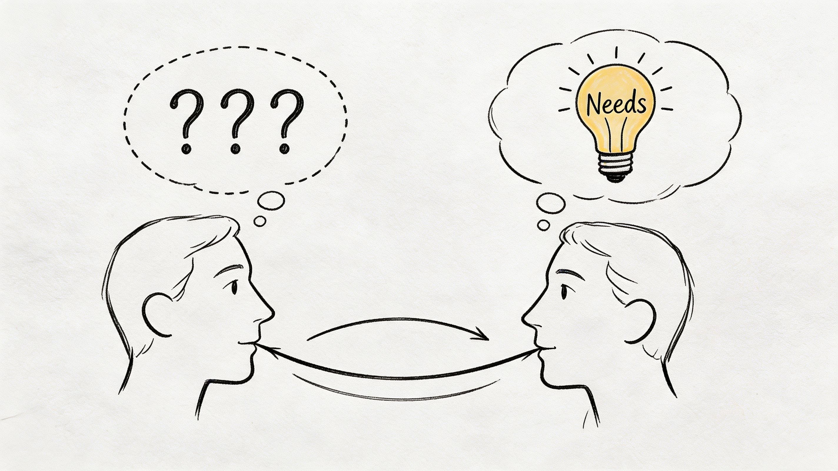 A line drawing illustration showing two people communicating, with one questioning and the other understanding client needs.