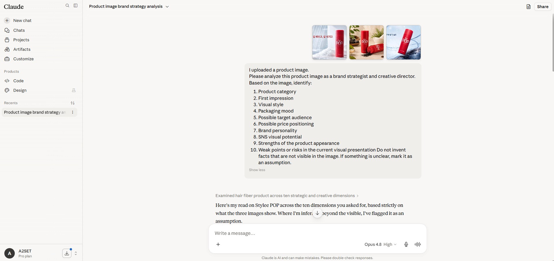 Image caption: Ask Claude to analyze the uploaded product image before creating the branding strategy.