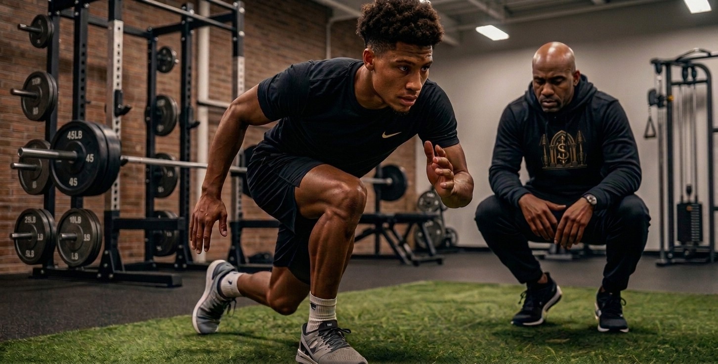 Student-athlete performing an acceleration drill while a coach observes.