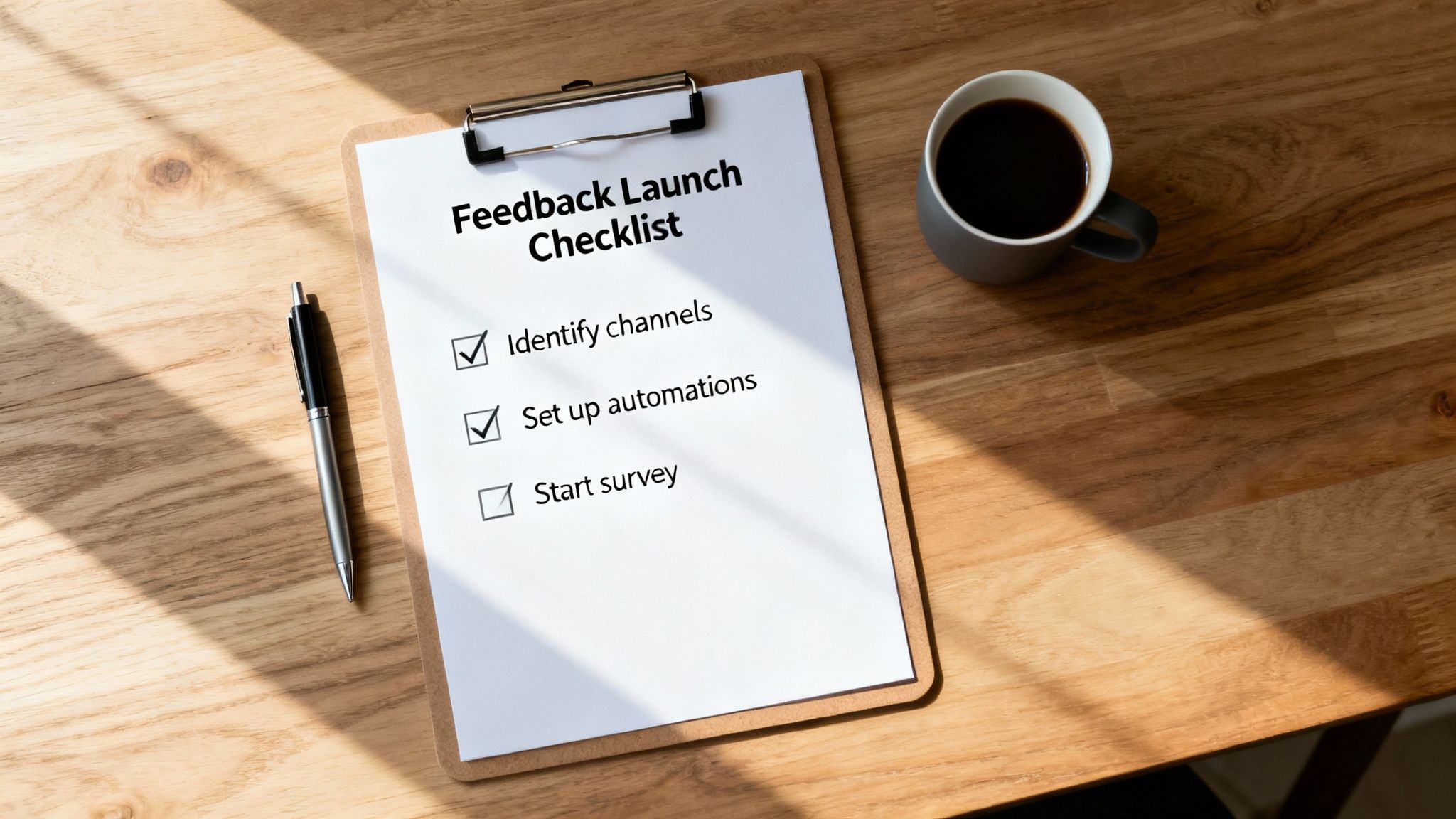 A feedback launch checklist on a clipboard with a pen and coffee on a wooden desk.