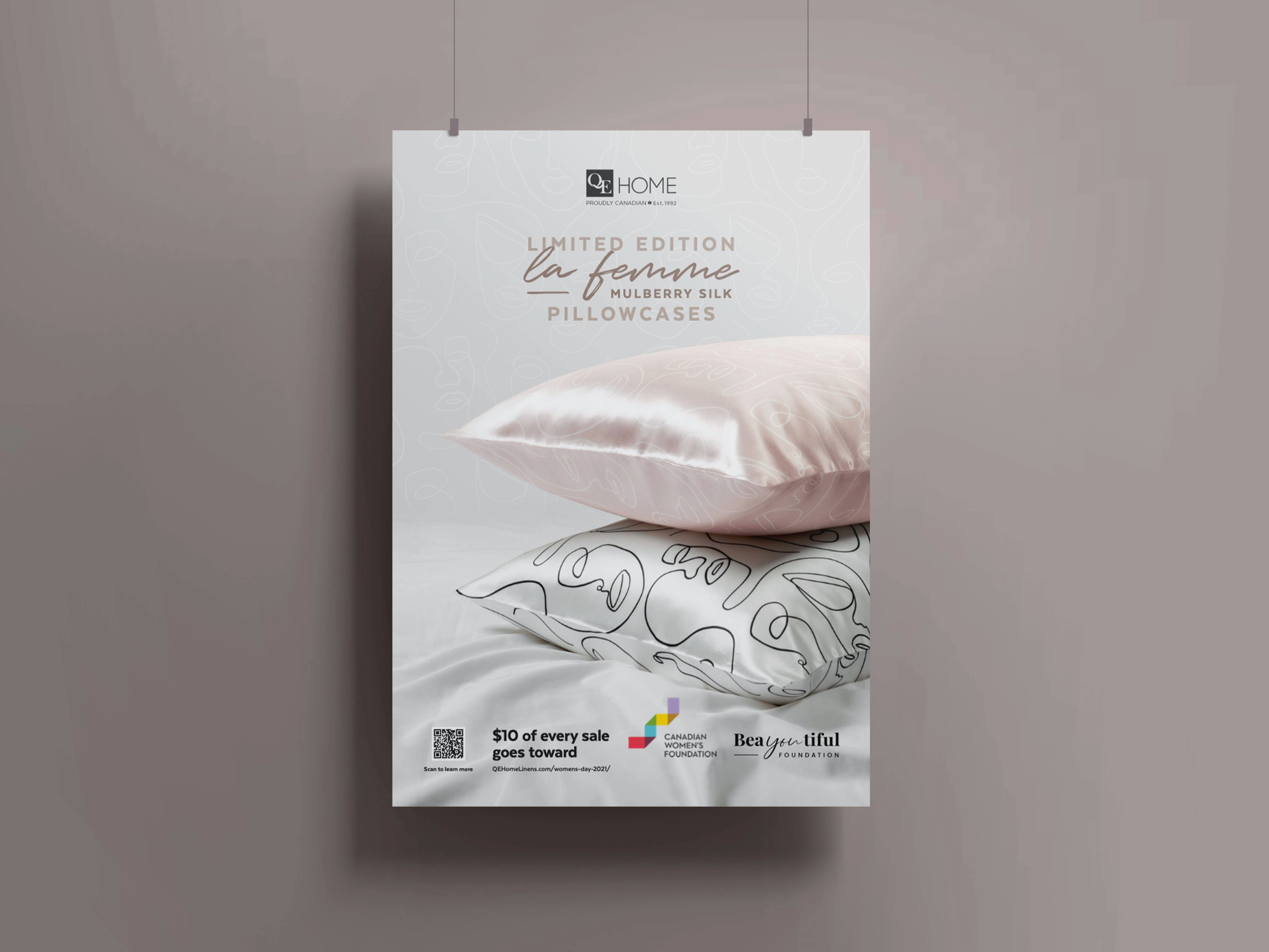 QE Home in-store poster for Limited Edition La Femme Mulberry Silk Pillowcases with charitable giving component
