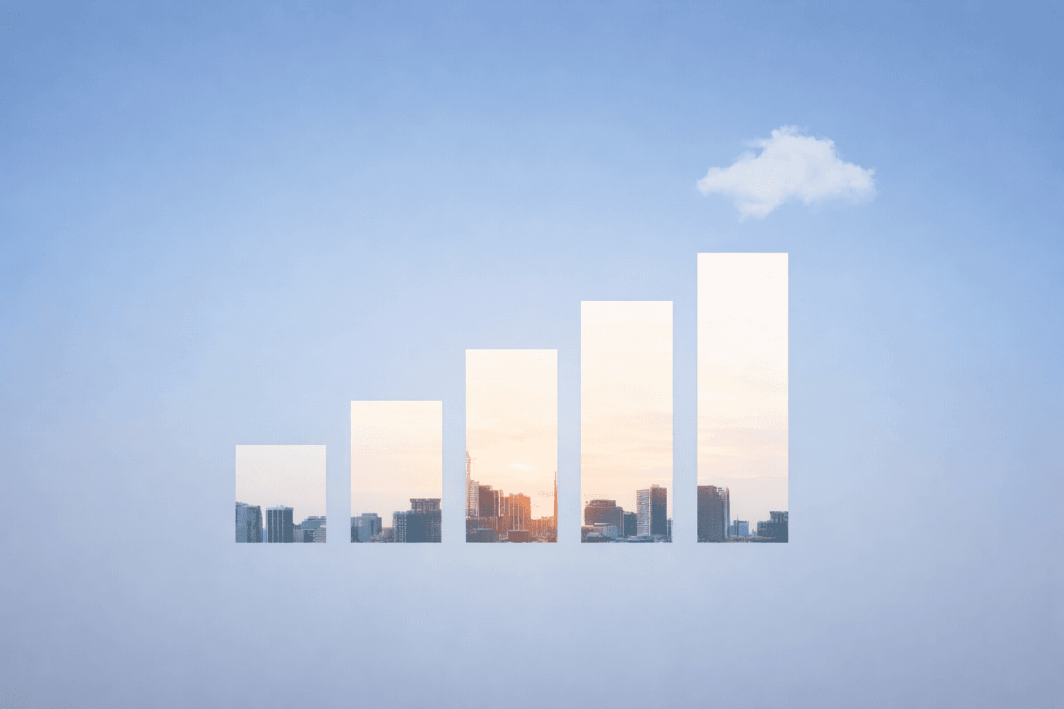 Urban skyline with a cloud overhead and a bar graph representing statistical information.