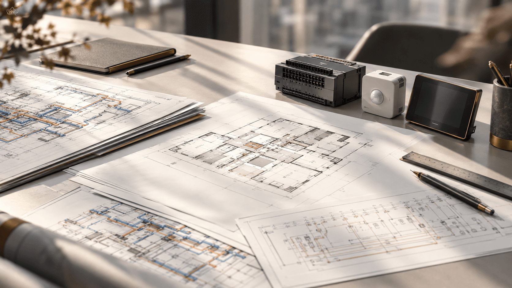 Engineering plans and a building controls module on a softly lit desk