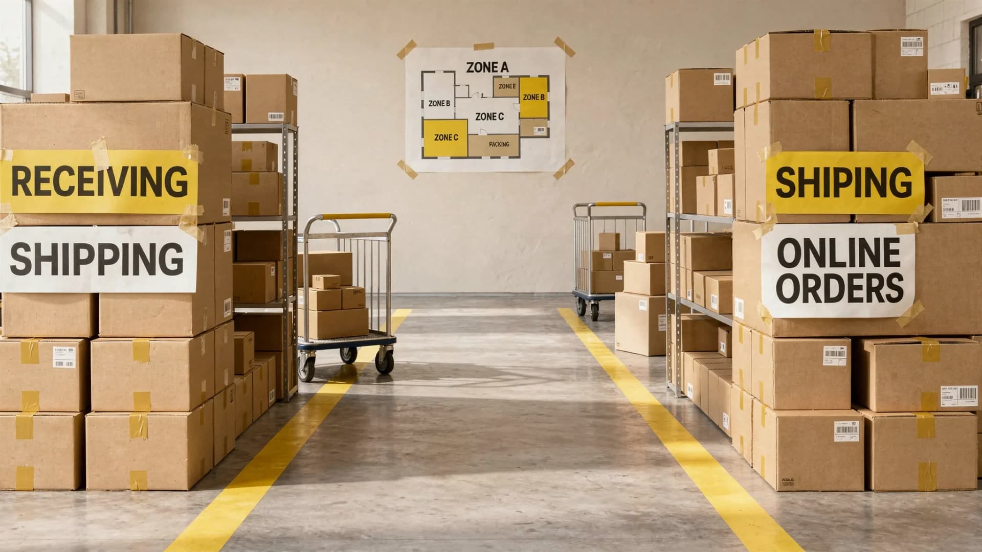 A labeled moving staging area in a small business space with grouped boxes by department, a clear aisle for carts, and a printed zone map taped to a wall (no readable brand names).
