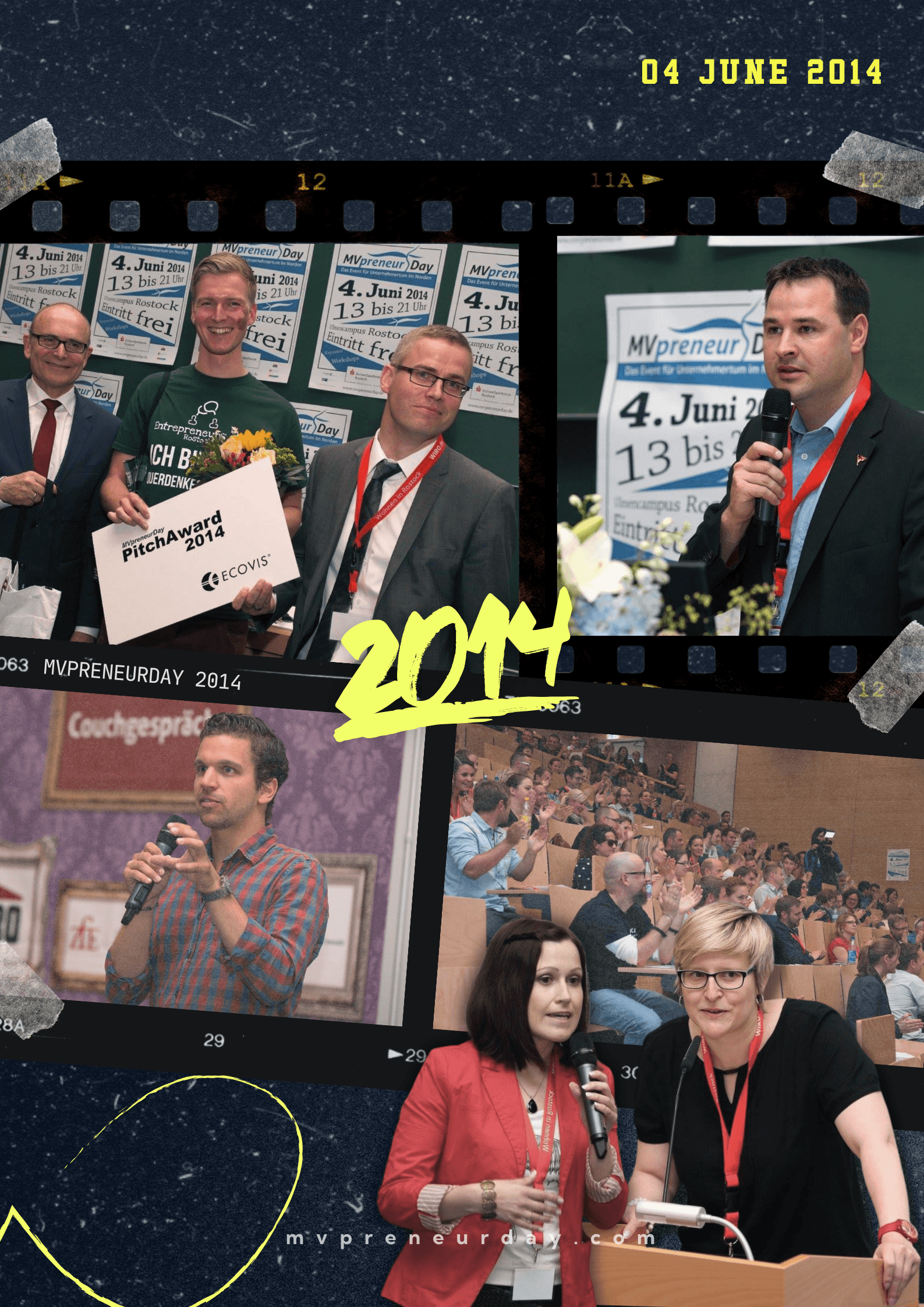 Rückblick-Collage vom MVPRENEUR Day 2014 mit Pitch-Momenten, Auszeichnungen und Gruppenbild. Zahl „2014“ enthalten.