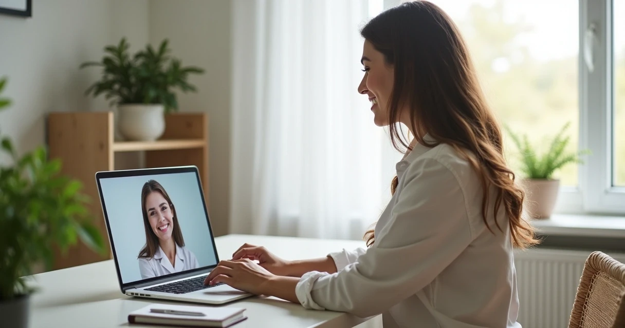 Nutricionista durante videochamada, ambiente limpo e iluminado, computador em mesa, caderno e caneta ao lado 