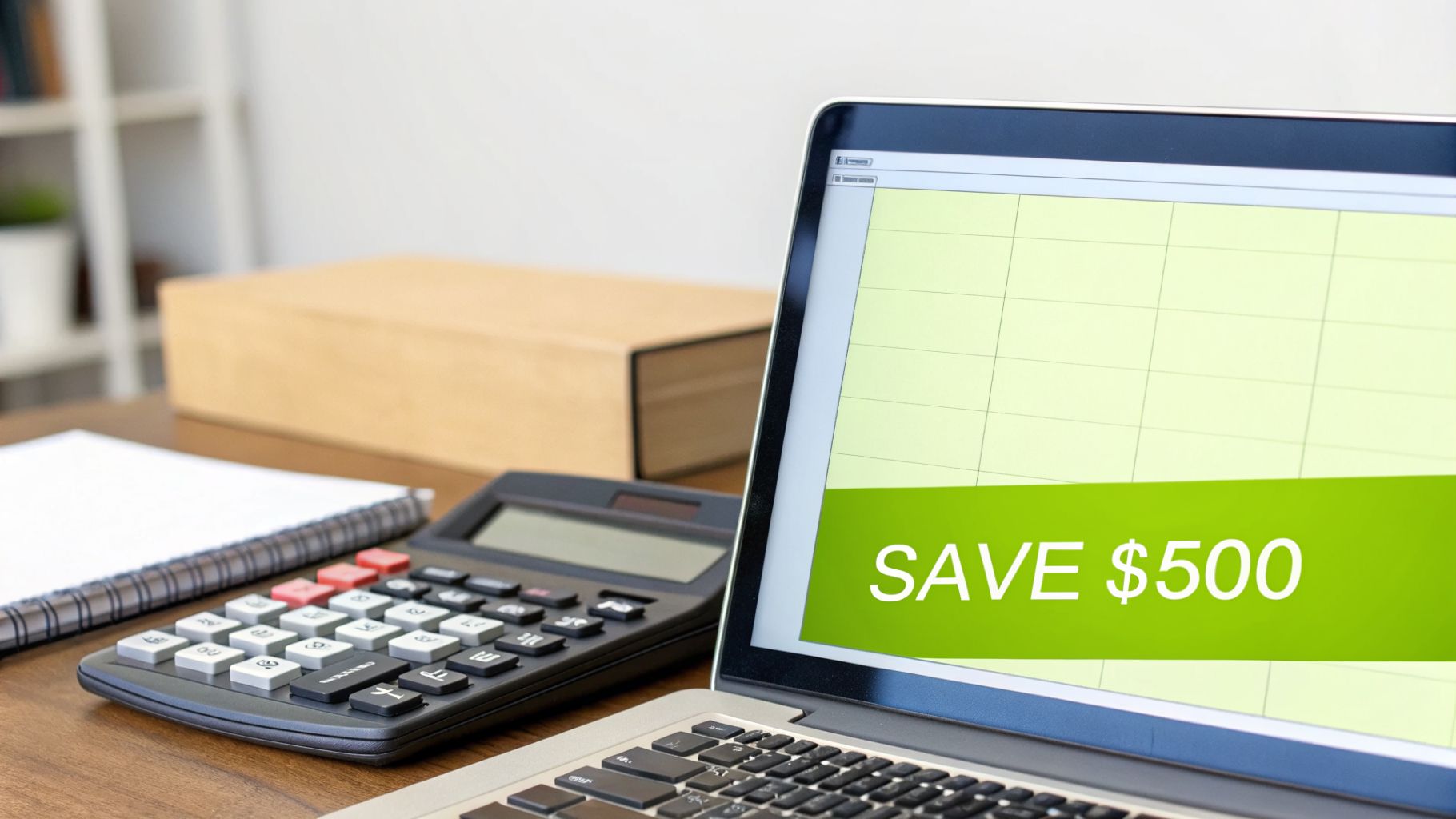A laptop displays 'SAVE $500' on a spreadsheet, next to a calculator and notebook, symbolizing financial planning.