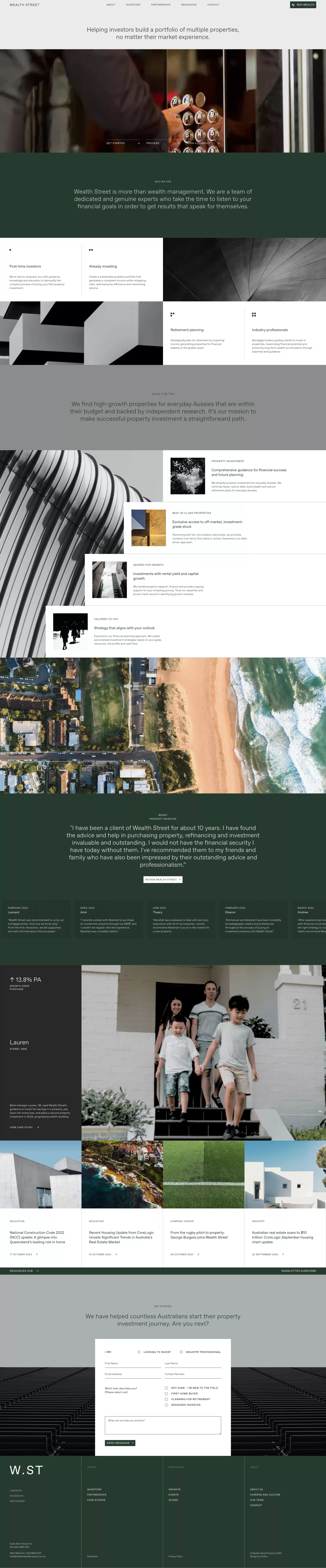 Wealth Street - Your Partner in Property landing page screenshot showcasing Finance and Real Estate design