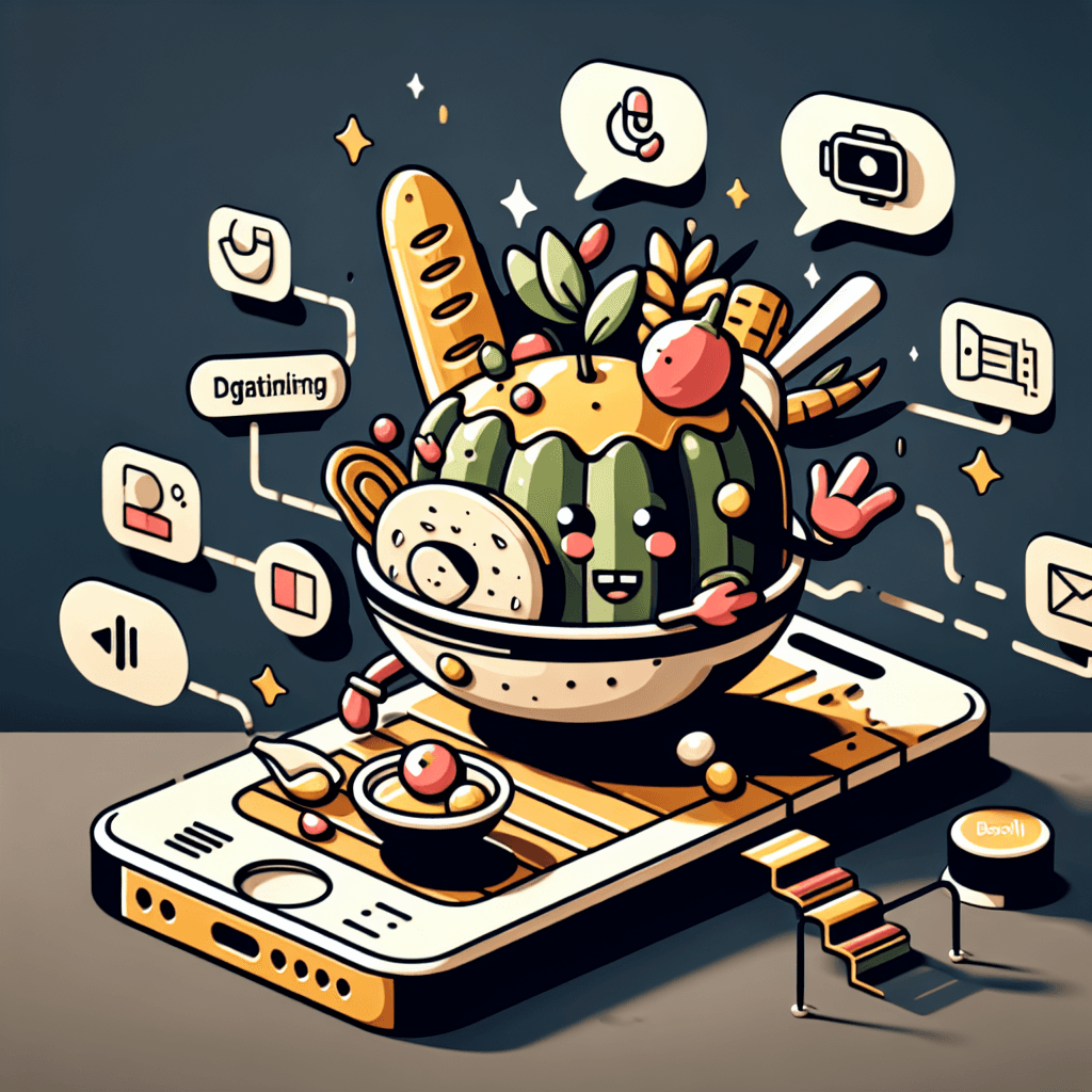 Verspielte 3D-Illustration eines Smartphones, auf dem eine fröhliche Schüssel mit animierten Lebensmitteln wie einem Kaktus, Brot, Radieschen und Bagel sitzt. Die Figur winkt, während rundherum App-Symbole für Voice, Kamera, Rezepte, Einkaufen und Kommunikation schweben. Die Szene symbolisiert eine digitale Kochwelt mit Gamification-Elementen und Community-Funktionen.