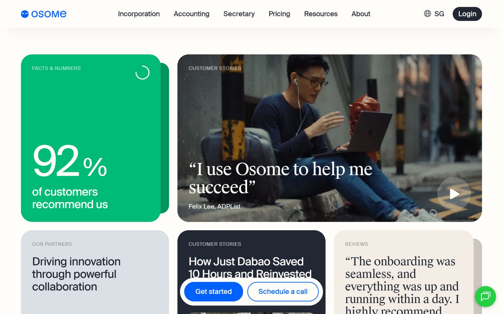 Modern website layout featuring client testimonials, 92% customer recommendation, and sections on incorporation, accounting, and resources.