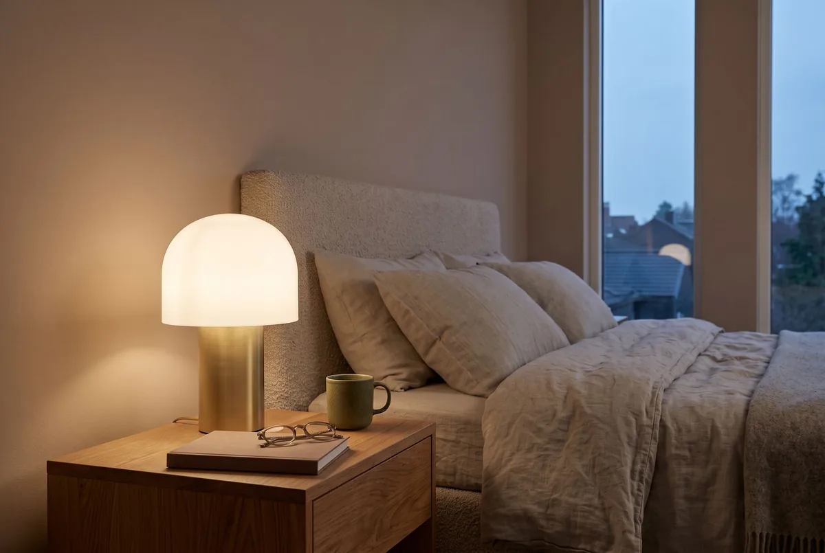 Lumen table lamp (brushed brass, opal glass) in a room