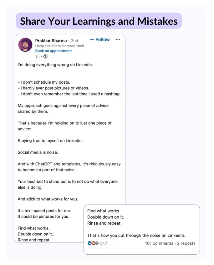 An example of a LinkedIn post covering lessons learned by user Prakshar Sharma through his mistakes