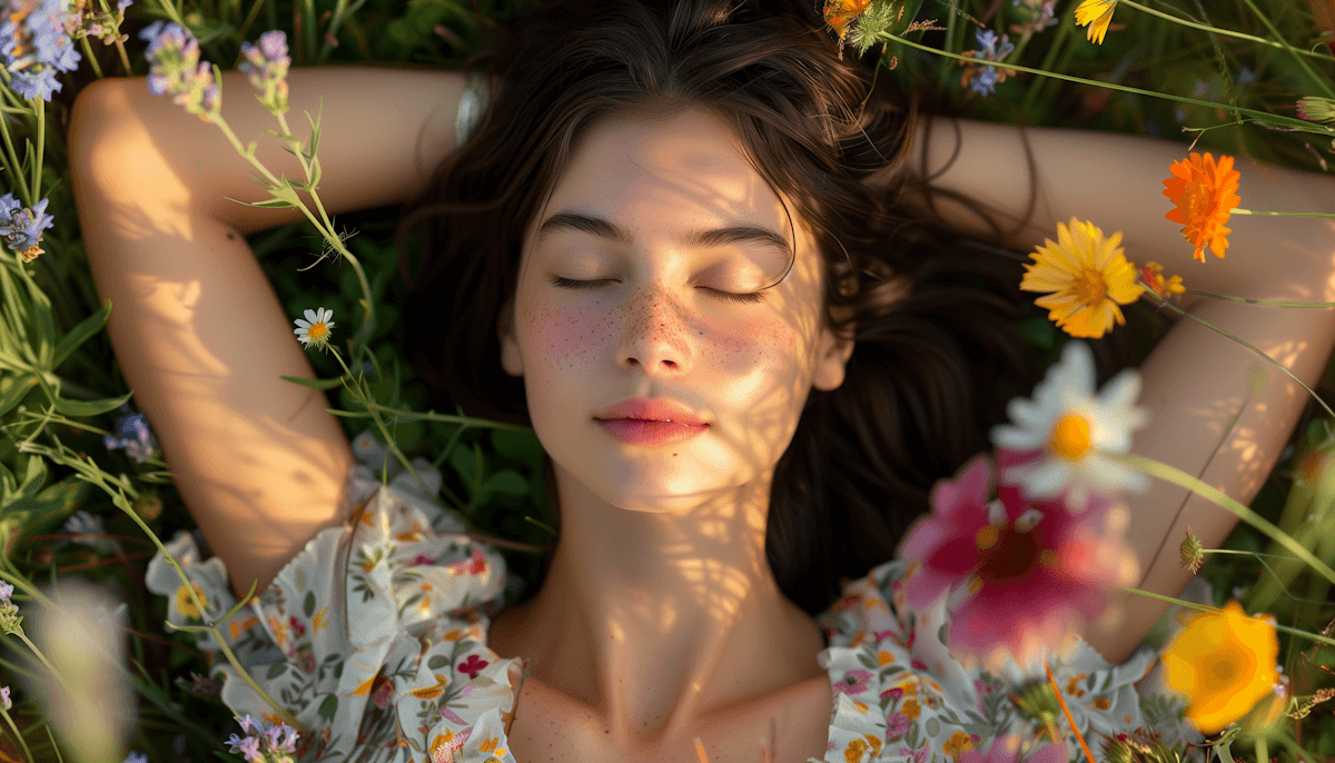 A young woman with freckled skin and long brunette hair lies peacefully in a field of wildflowers, including daisies and poppies, under warm sunlight.