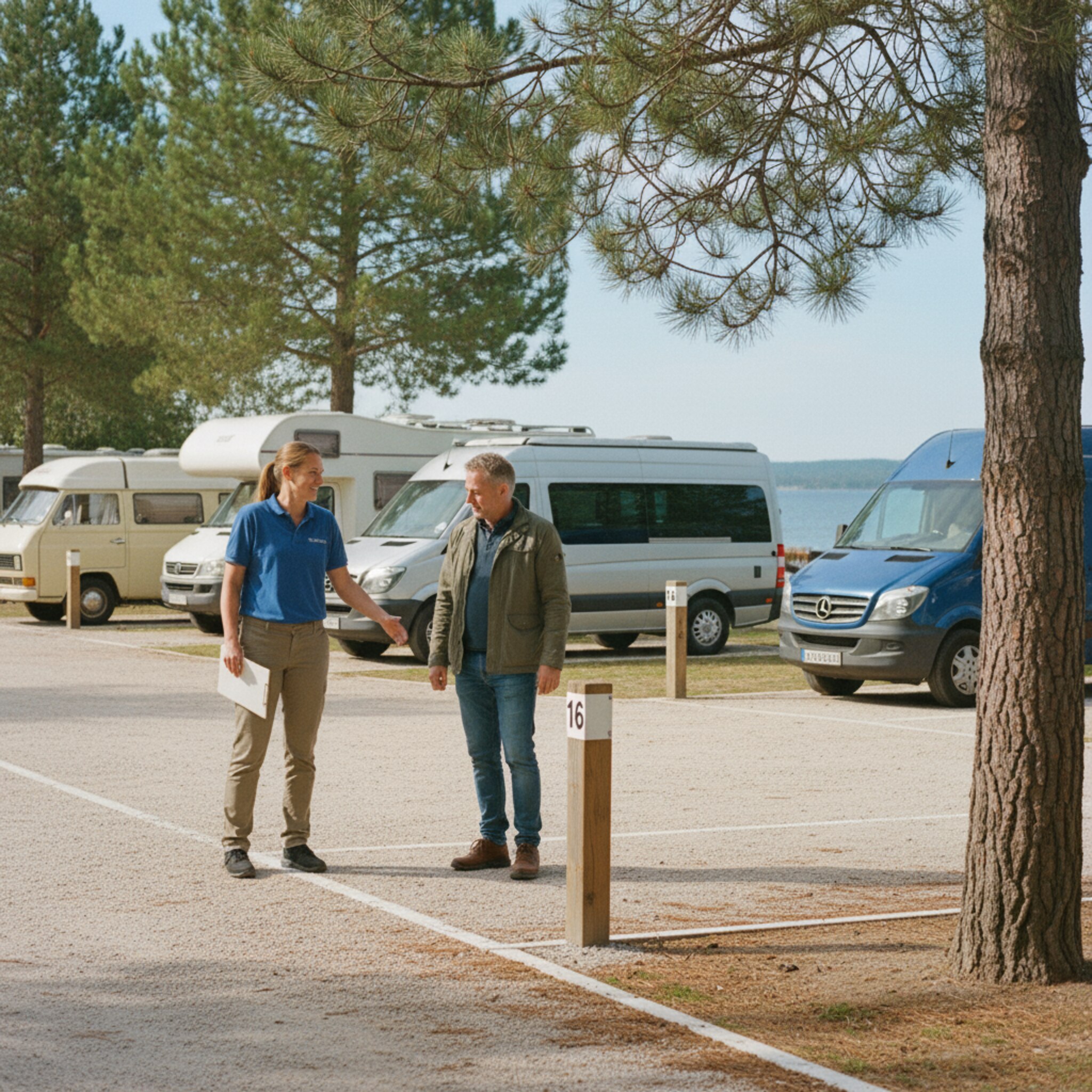 Auf einem gepflegten Stellplatz weist eine Mitarbeiterin mit einer Mappe auf freie Parzellen, während ein Kunde danebensteht. Nummerierte Pfosten und klare Bodenmarkierungen geben Orientierung. Ein leichter Wind bewegt Kiefernzweige, im Hintergrund glitzert Wasser. Die Stimmung ist konzentriert, aber entspannt.