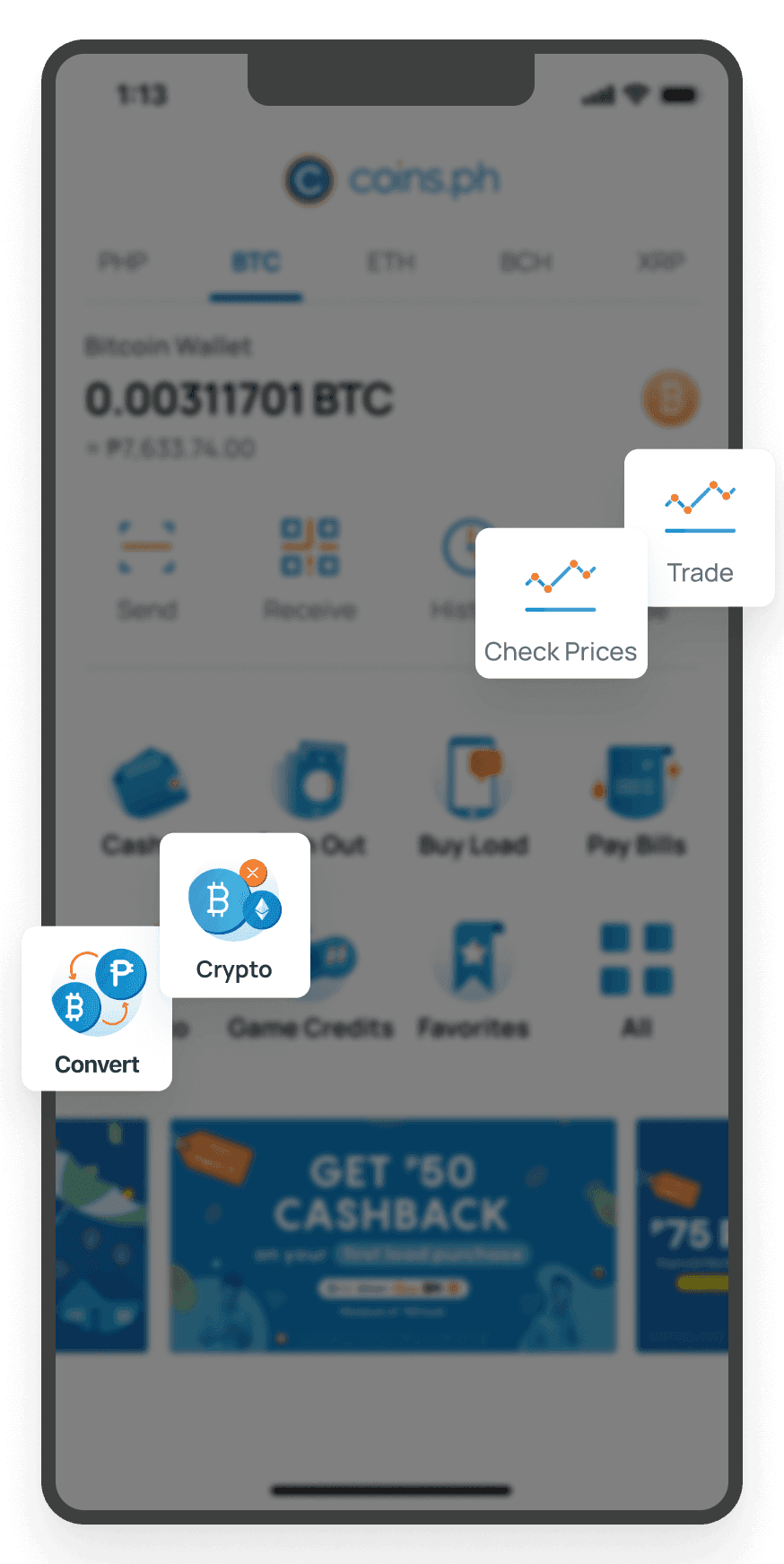 A mobile notification screen showing real-time price alerts for cryptocurrencies like Ethereum, Bitcoin Cash, and Ripple, indicating significant percentage changes in their values over different times.