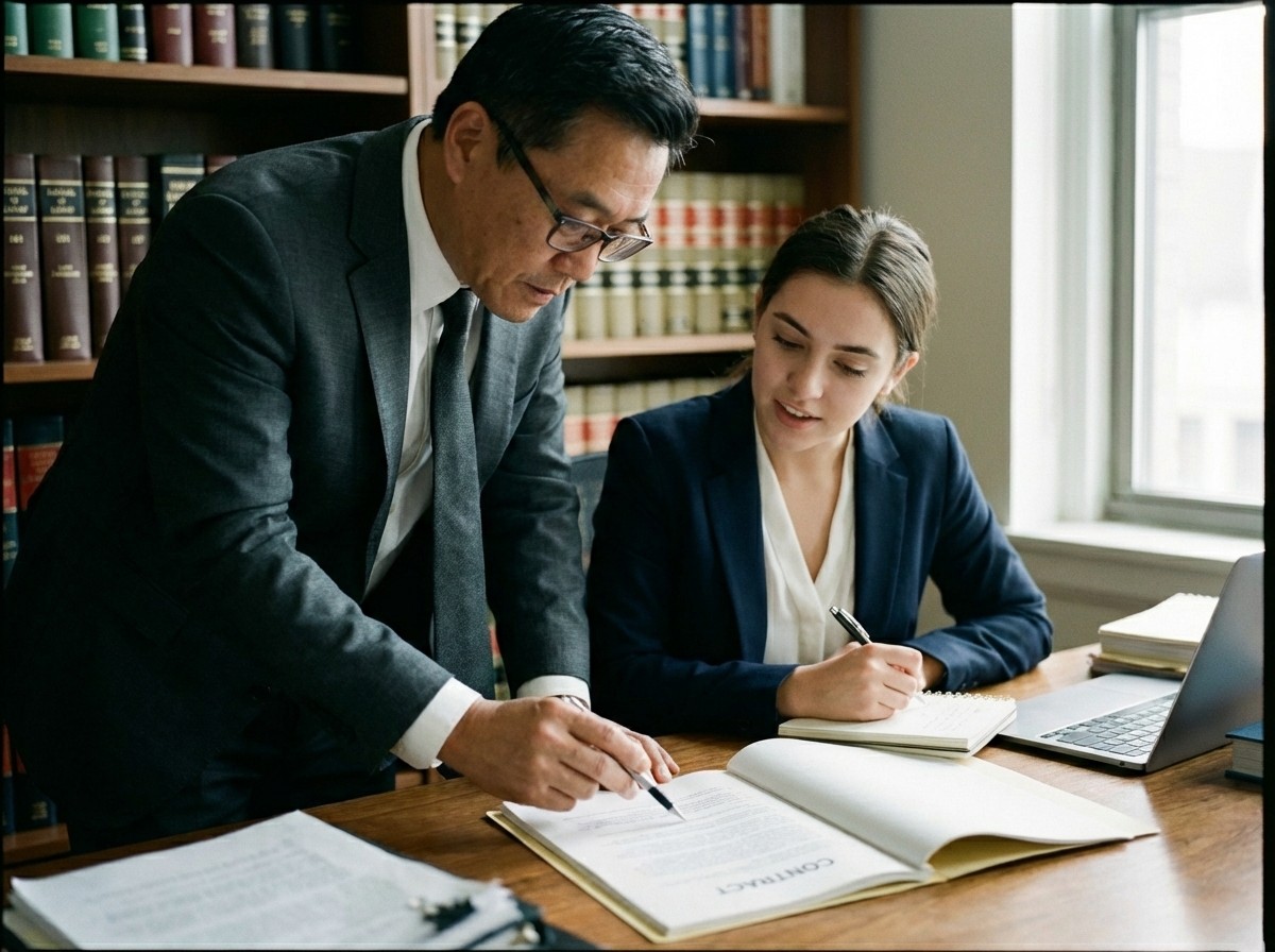 lawyer and trainee solicitor reviewing client's contract together, trainee is taking notes as content inspiration